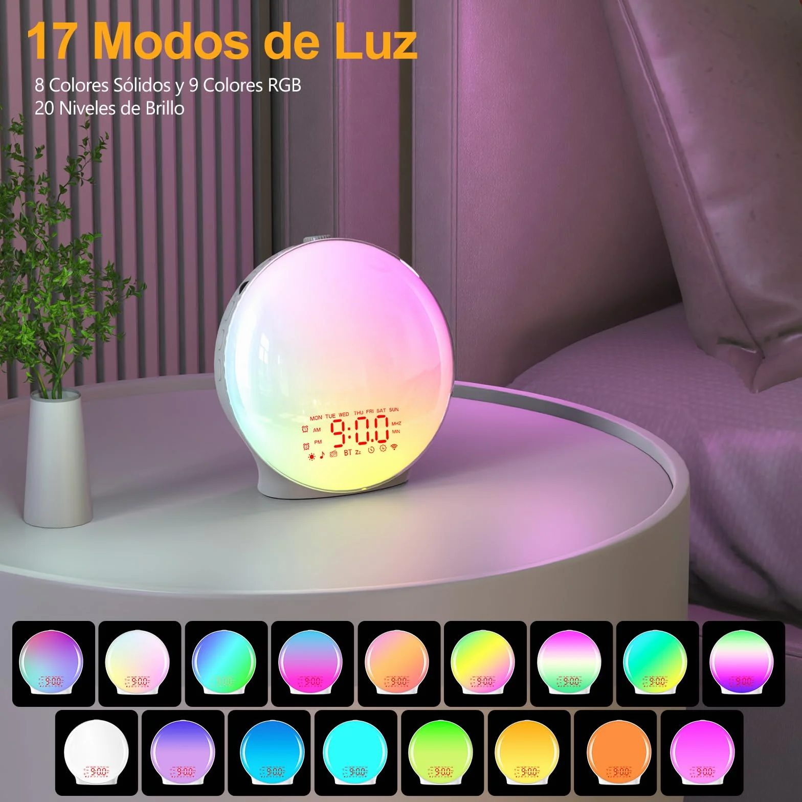 Despertador Luz Bluetooth Wake Up Light Simulación Amanecer Atardecer 17 Colores 2 Alarmas 20 Brillo 22 Sonidos Snooze Radio FM