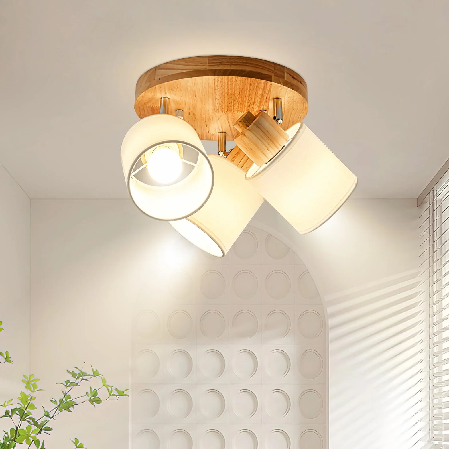 Lámpara de Techo 3 Focos Orientable Redonda Madera E14 Retro Aplique Pared Interior Giratorios