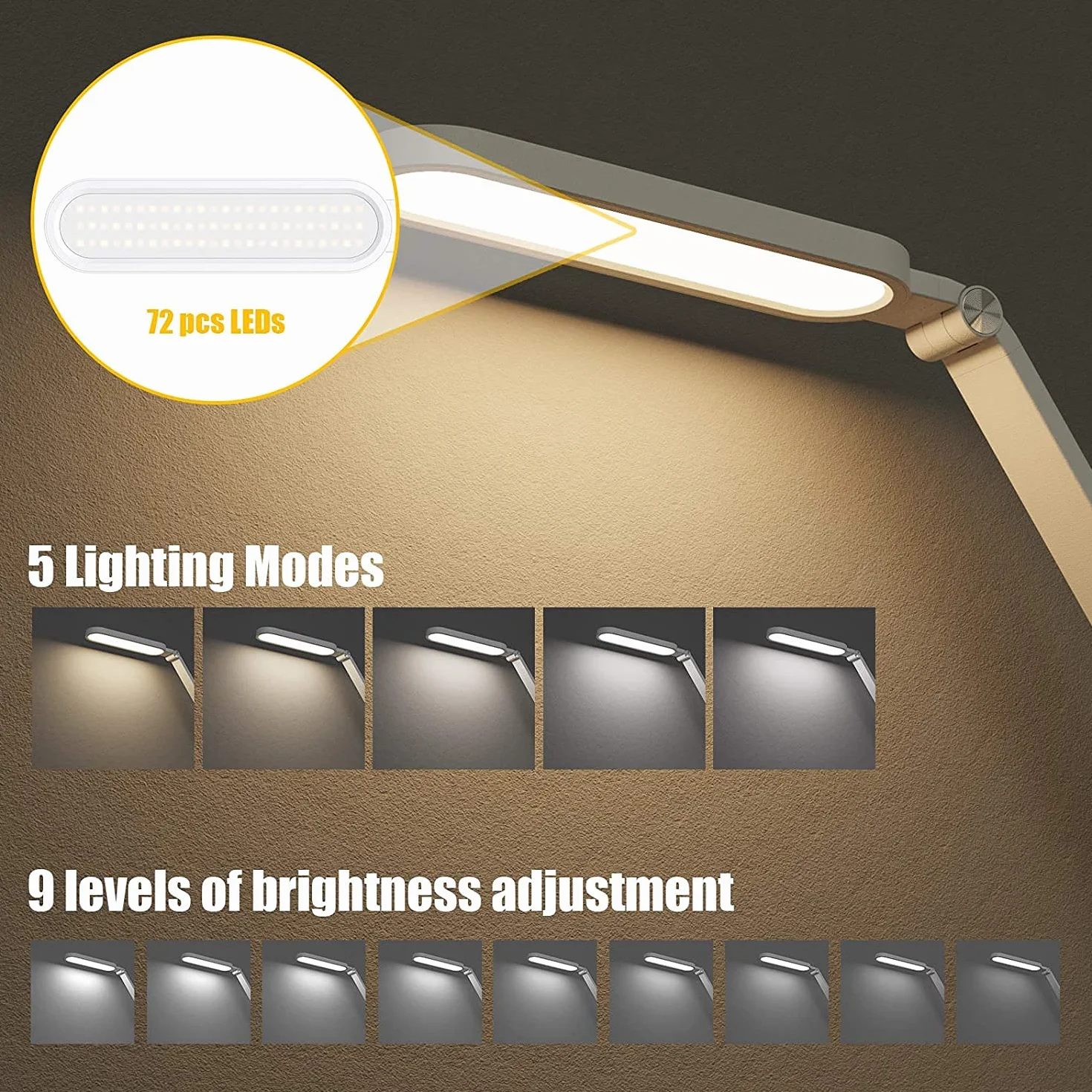 JKSWT Lámpara de escritorio LED, Lámparas de mesa para el cuidado de ojos protege los ojos Lámpara de oficina regulable con 5 modos de color Puerto de carga USB Control táctil y función de memoria