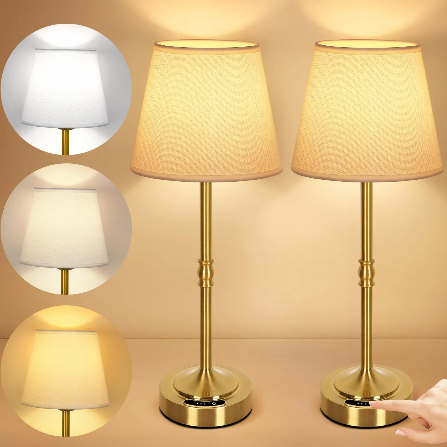 OUTON 2 Piezas Lámparas LED Recargables Inalámbricas Táctil Regulable 3 Temperaturas 5200mAh USB-C 60h Autonomía Oro