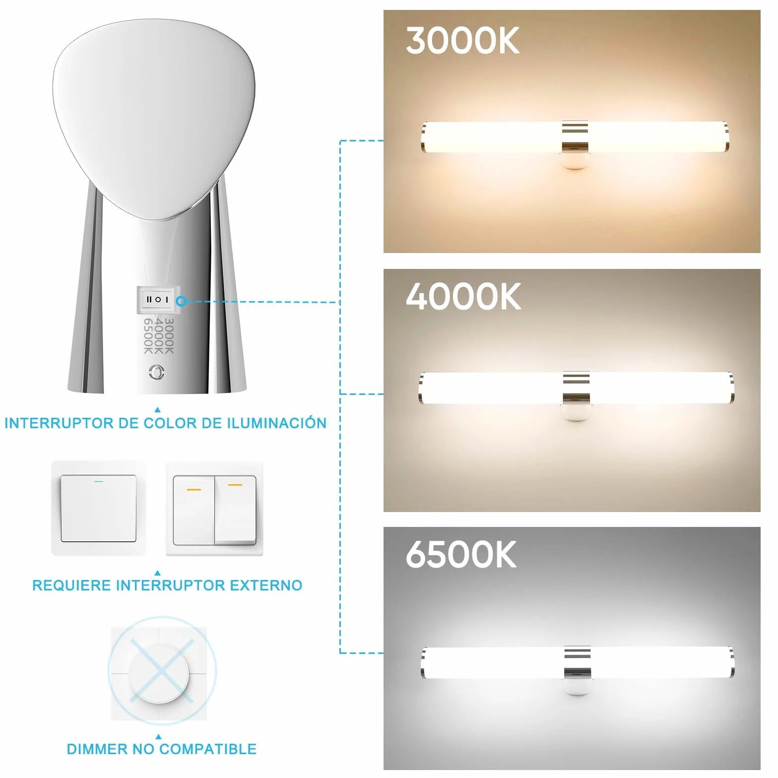 Lámpara Aplique de Pared LED 60cm 15W 1500Lm IP44 Plateada Luz Cálida Neutra Fría