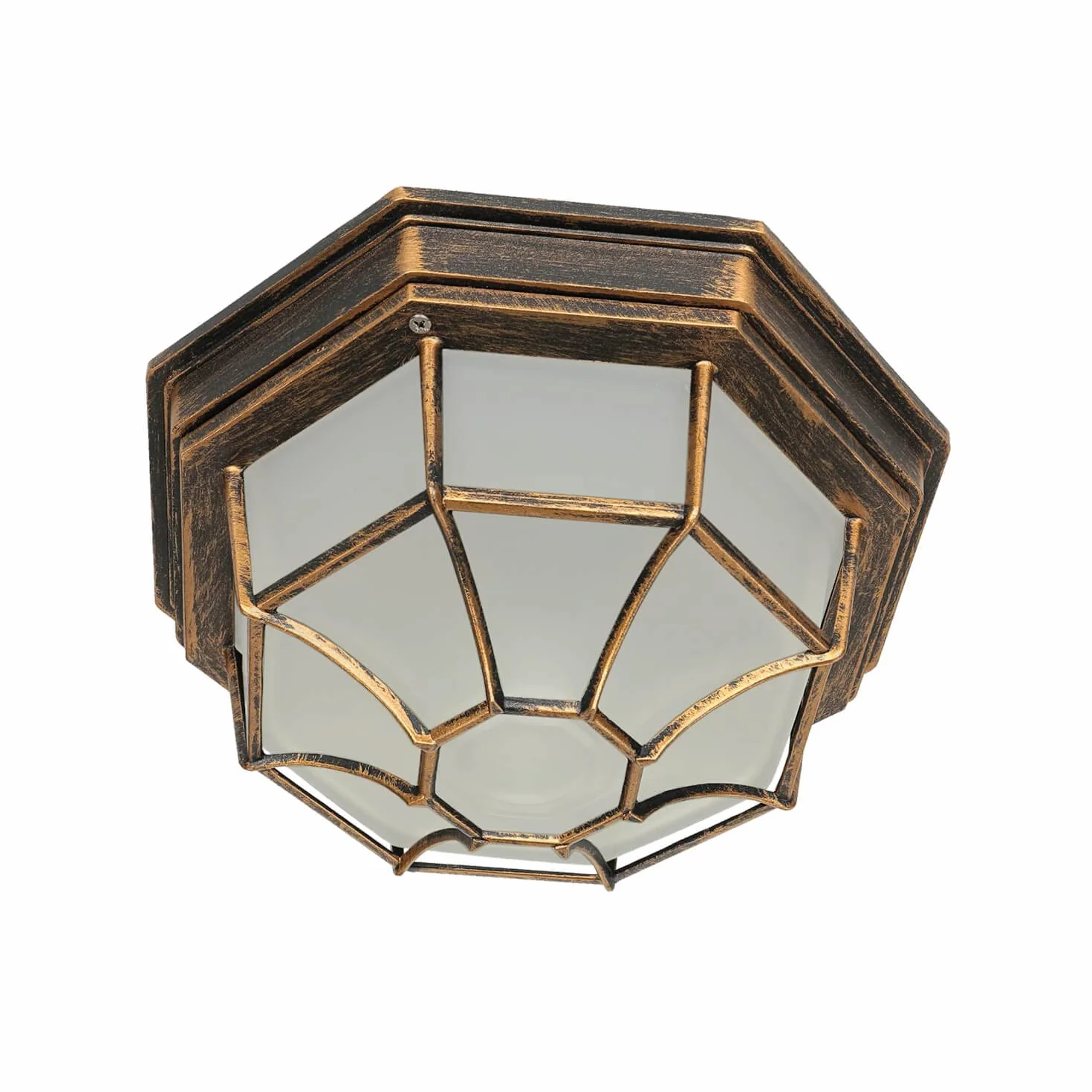 Easylight Lámpara de techo estilo rústico MILANO de aluminio cristal cobre antiguo forma angular A:35,5 cm E27 IP44 Plafón de exterior para terraza jardín