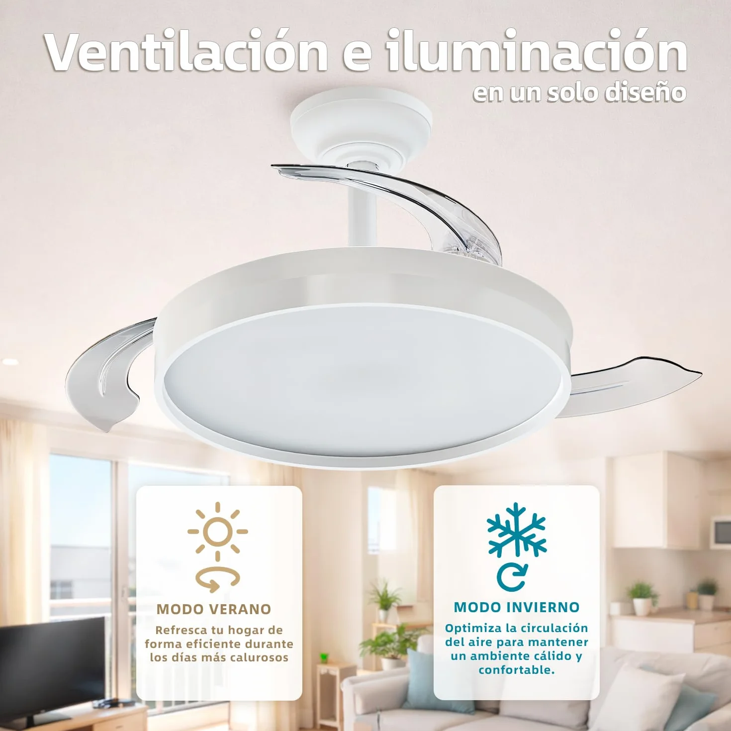 LEDUNI Ventilador de techo Blanco 72W 7590lm Aspas retráctiles Motor DC 30W Luz LED 42W Regulable Mando a distancia