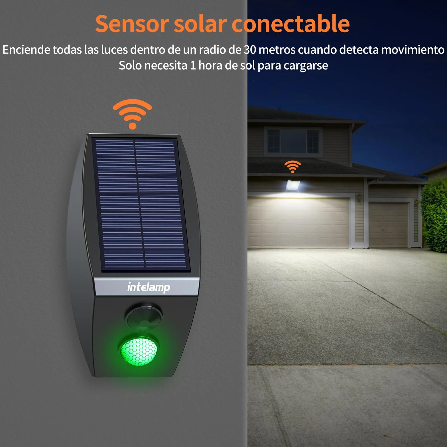 intelamp Foco LED Solar Exterior 2000LM, Batería 12000mAh, Color Blanco 6500K, Sensor de Movimiento con Caja Externa, 3 Modos, IP65 Impermeable, Lámpara de Seguridad para Jardín y Terraza