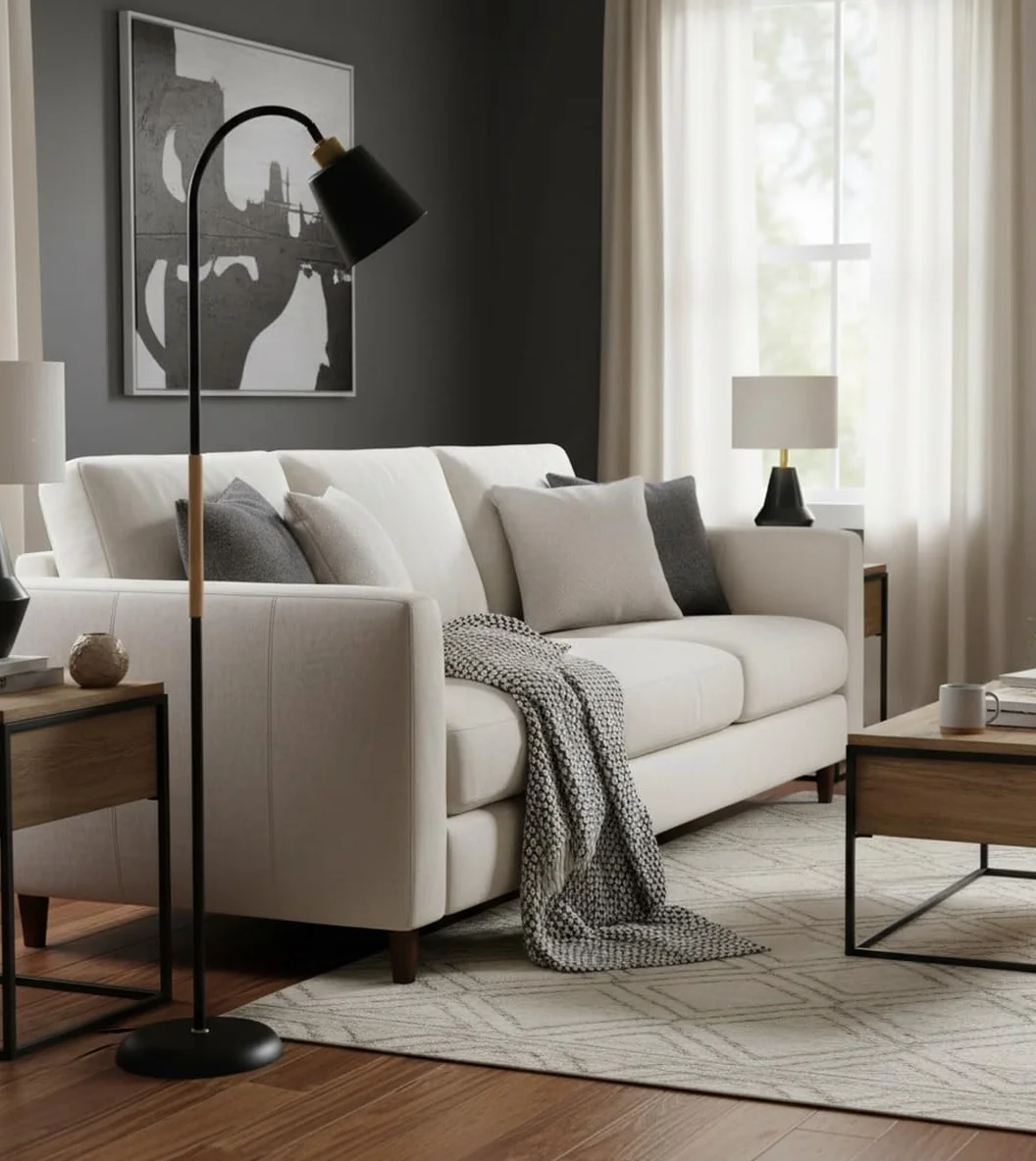 Lámpara de Pie SWEDEN Metal Madera 150cm Acabado Mate Brazo Orientable E27 Iluminación Escandinava Negro