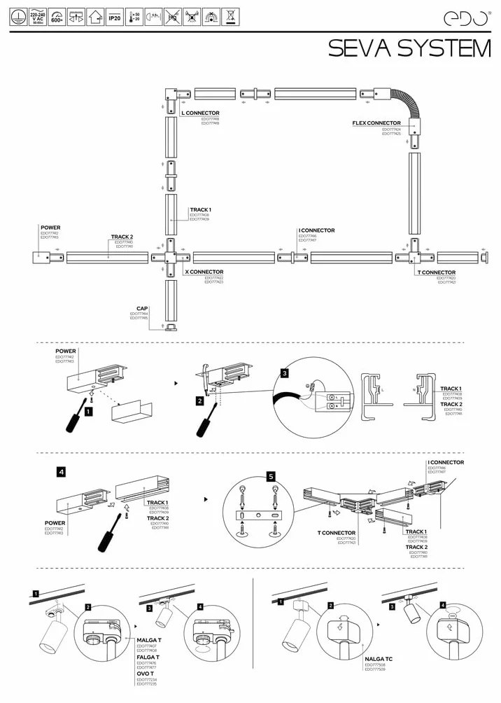 SEVA Flex Connector Black IP20 Conector Flexible para Carril de Techo Monofásico