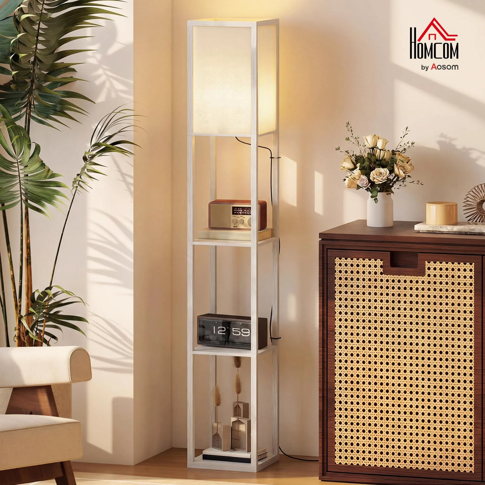 HOMCOM Lámpara de Pie con Estantes de Almacenaje, Madera Moderna, Bombilla E27, Blanco