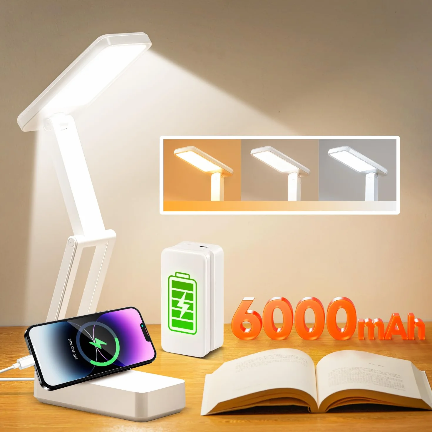 OneFire Lampara Escritorio Portatil Plegable Recargable Inalambrica LED 6000mAh 10 Brillo 3 Colores Temporizador 45Min