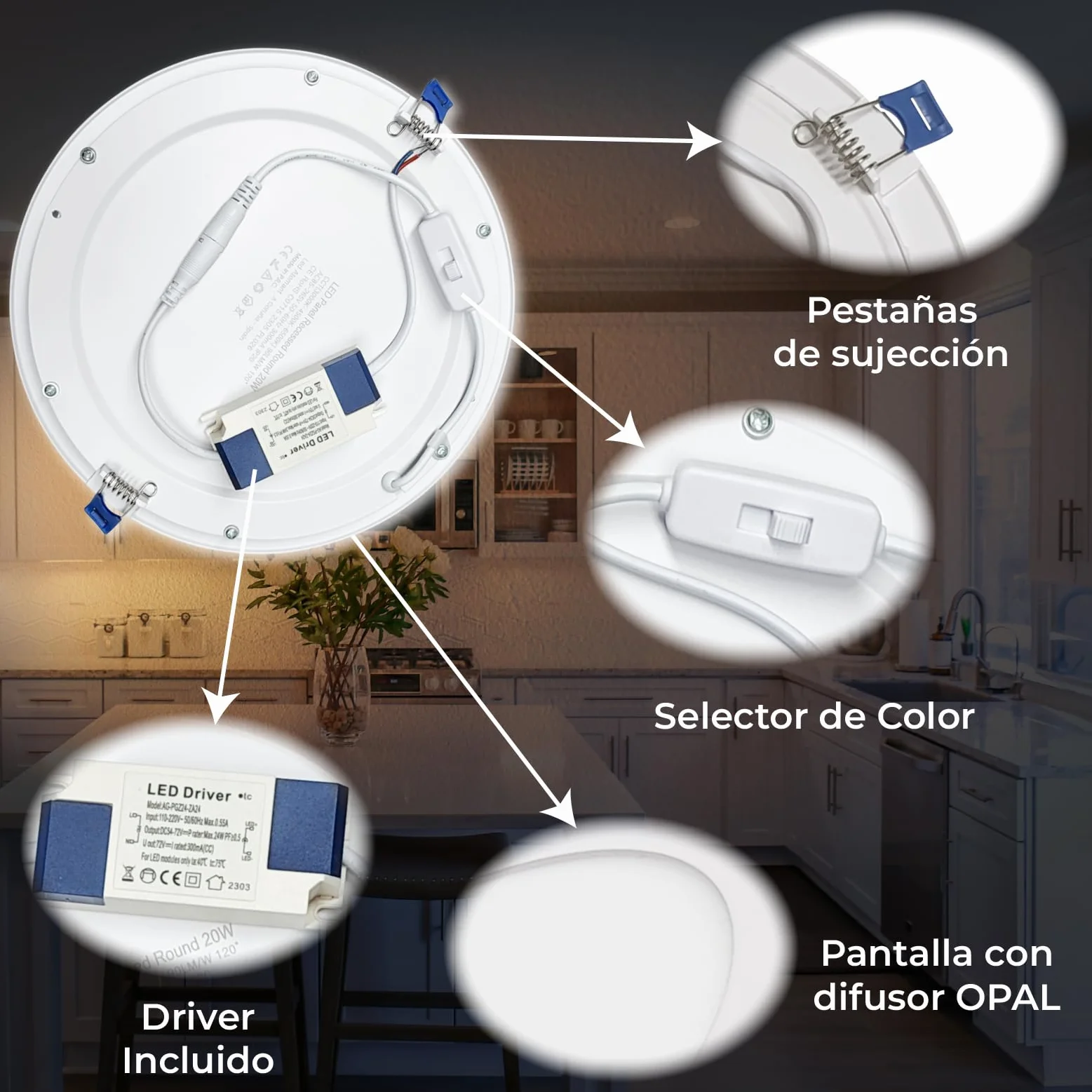 LED ATOMANT Pack 10x Downlight LED Panel Extraplano Redondo 220mm 20W CCT 1800 Lumenes Driver Incluido