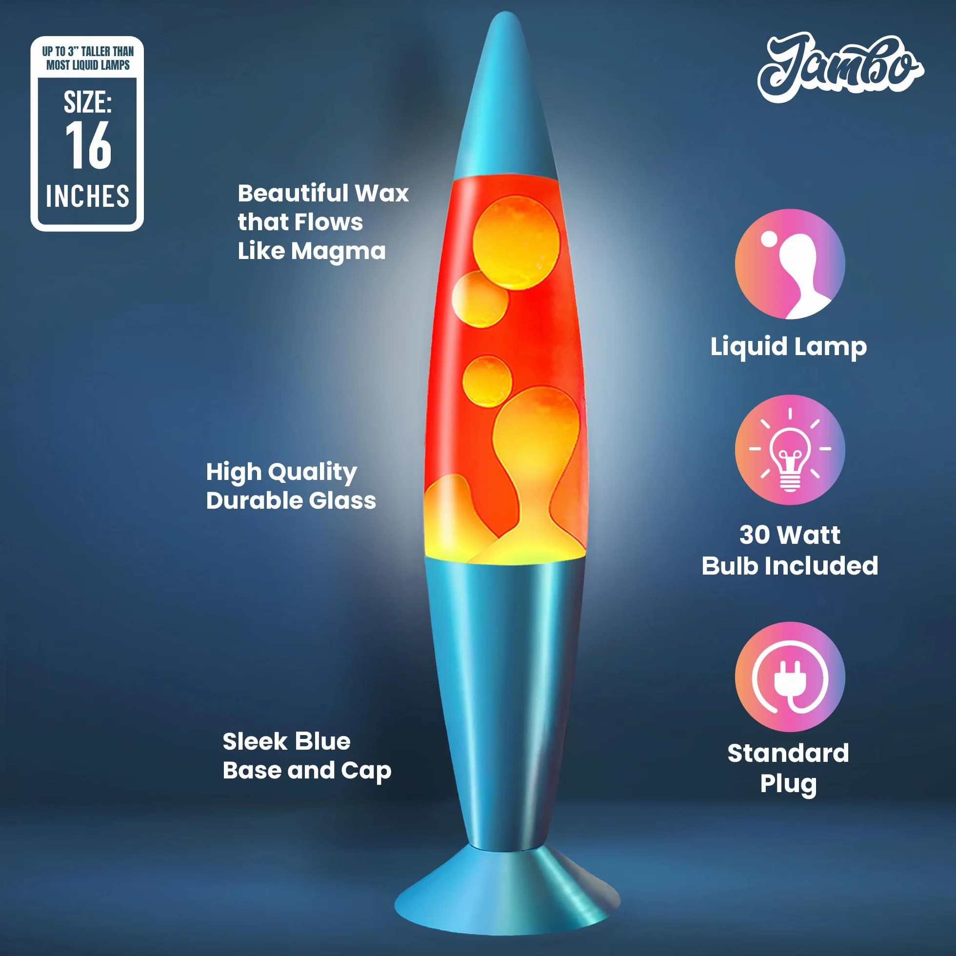 Jambo Lámpara de volcán azul con cera que fluye como lava, lámparas frescas, luces nocturnas para niños, adultos, adolescentes (16 pulgadas, base azul, líquido rojo, cera naranja)