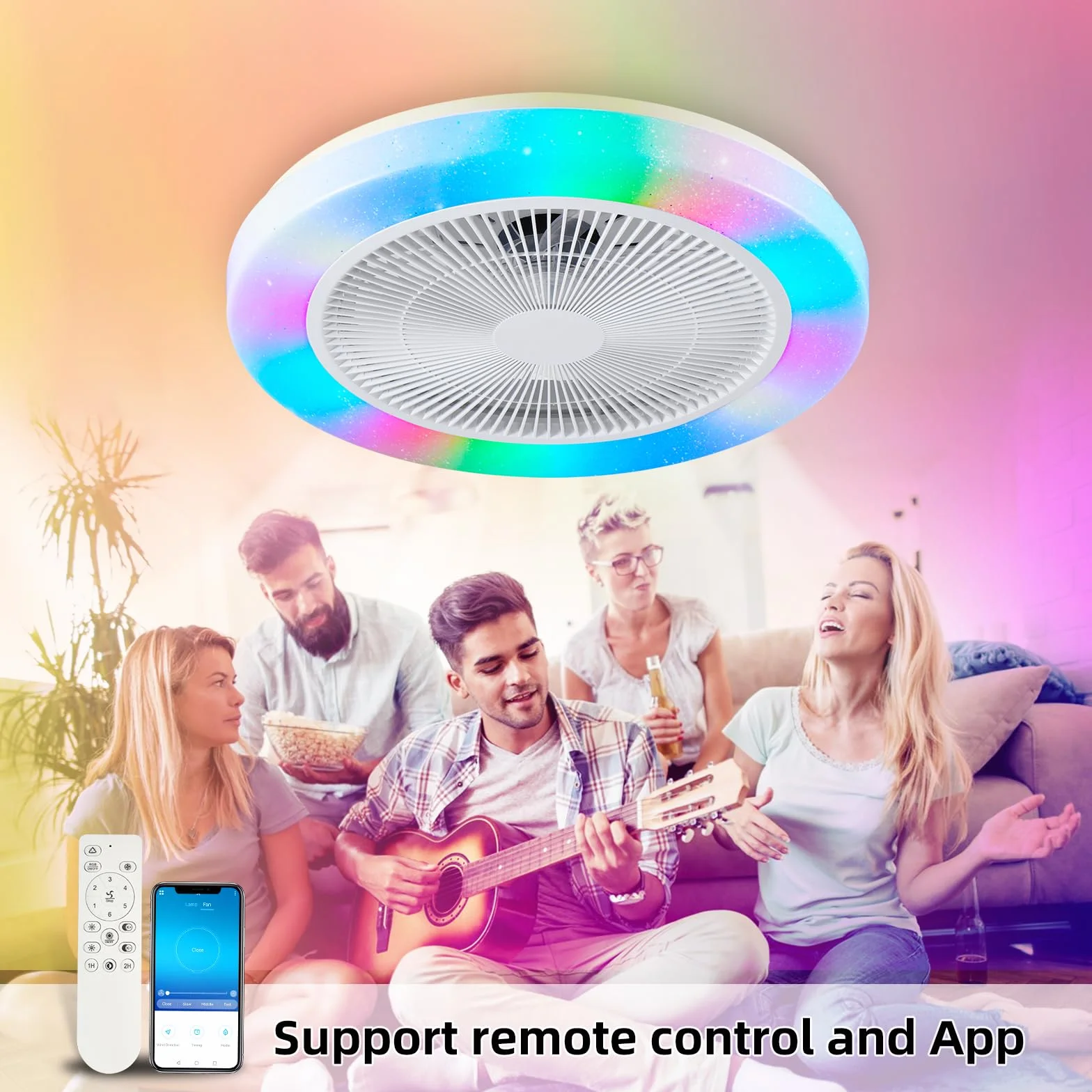 Ventilador de Techo Con Luz RGB,Moderno Regulable Ventiladores de Techo,50CM Reversible RGB Lampara Ventiladores de Techo,6 Velocidades LED Plafon Regulable con mando a distancia y APP (Blanco)