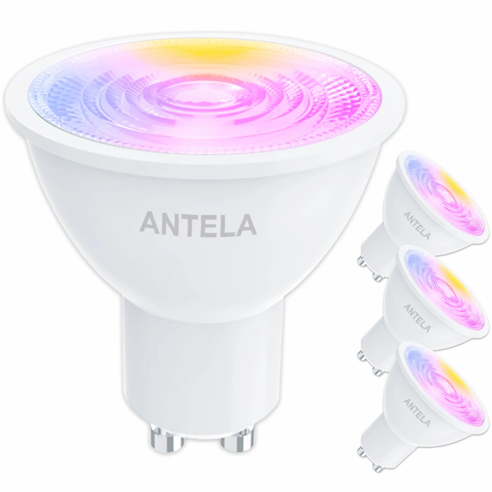 ANTELA Bombilla GU10 Inteligente Wifi Compatible con Alexa y Google Home, Luz Fría/Cálida 2700K-6500K, Bombilla RGB 16 Millones de Colores, 4,5W, 326LM, CRI 80, 15000hrs,4 PCS