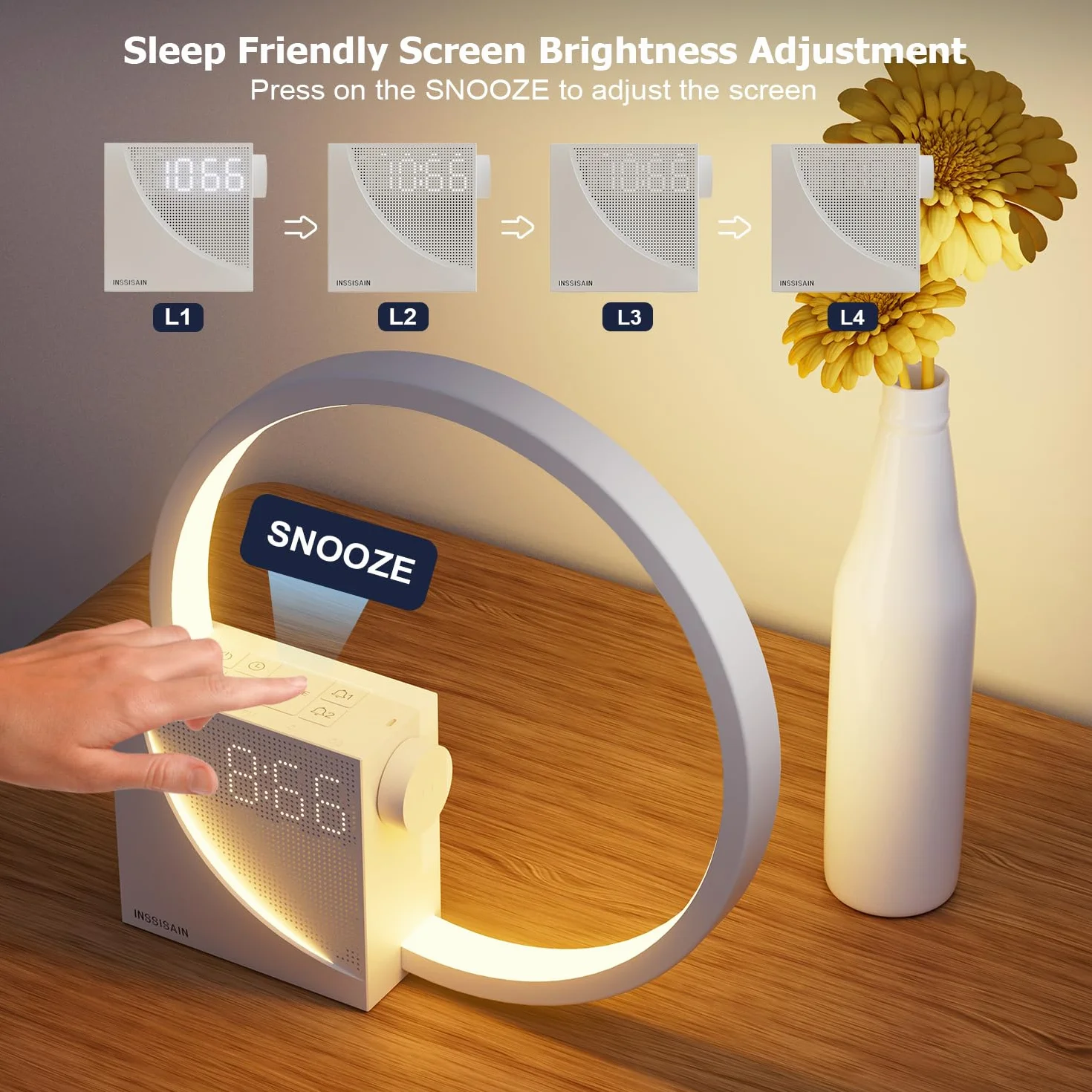 Lámpara De Cabecera De 10w, 2 Despertador, 10W Puertos de Carga USB, Luz Nocturna de 3 Niveles de Brillo,10 Sonidos Naturales,Ayudar a Dormir a Bebés Y Adultos (Beige)