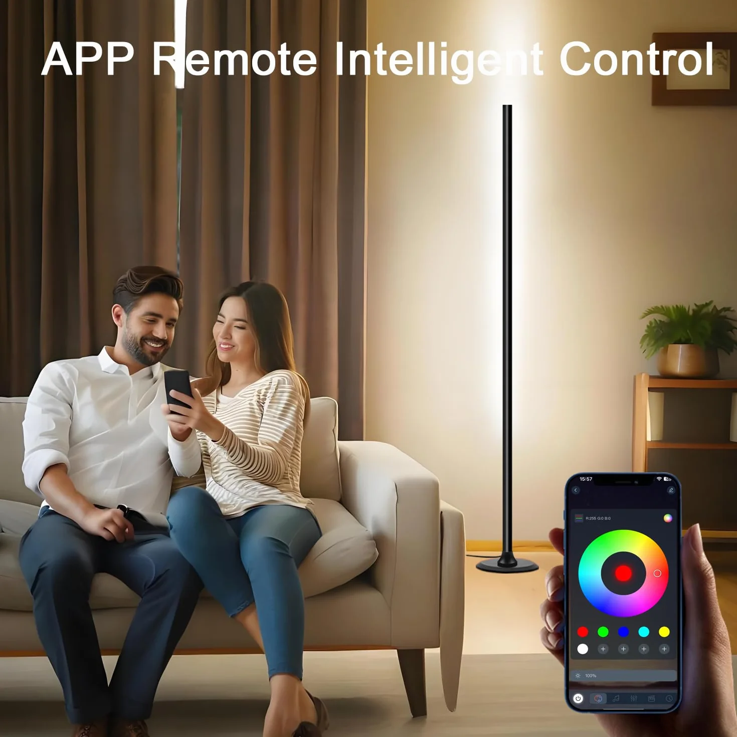 Lámpara de Pie LED Regulable RGB 1.2 m con Control Remoto y APP, 16 Millones de Colores, 234 Modos, Negro