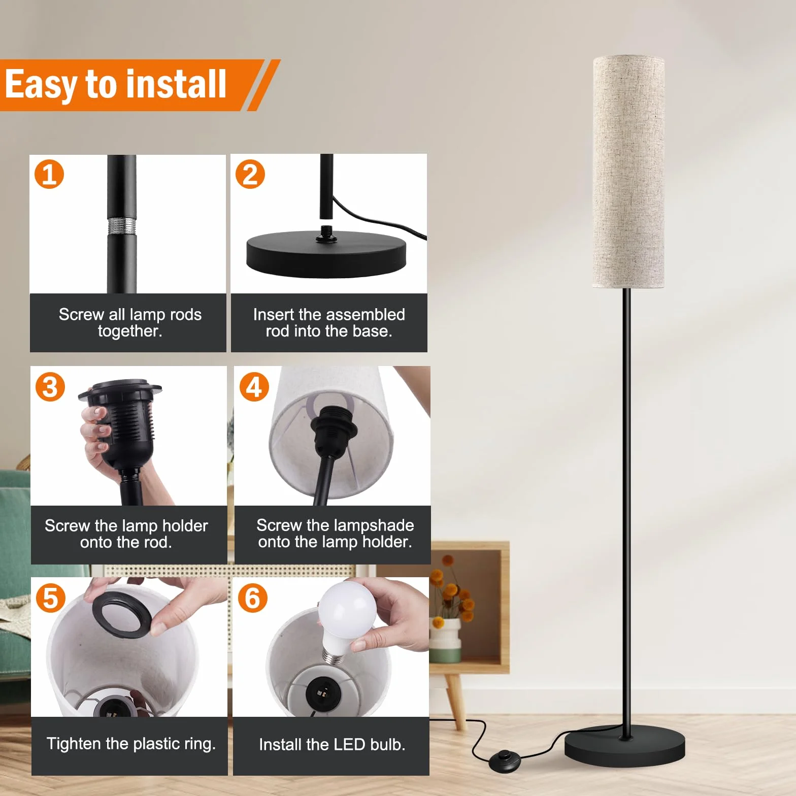 Yicenscoltd lámpara de pie LED regulable 3 temperaturas color E27 12 W pantalla lino interruptor pie