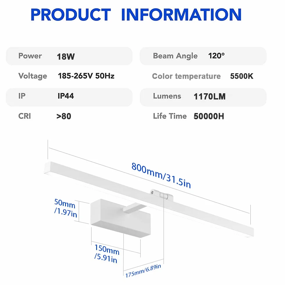 Klighten Lámpara LED de Espejo 24W 80cm 5500K 1170LM Luz Natural Aplique de Pared