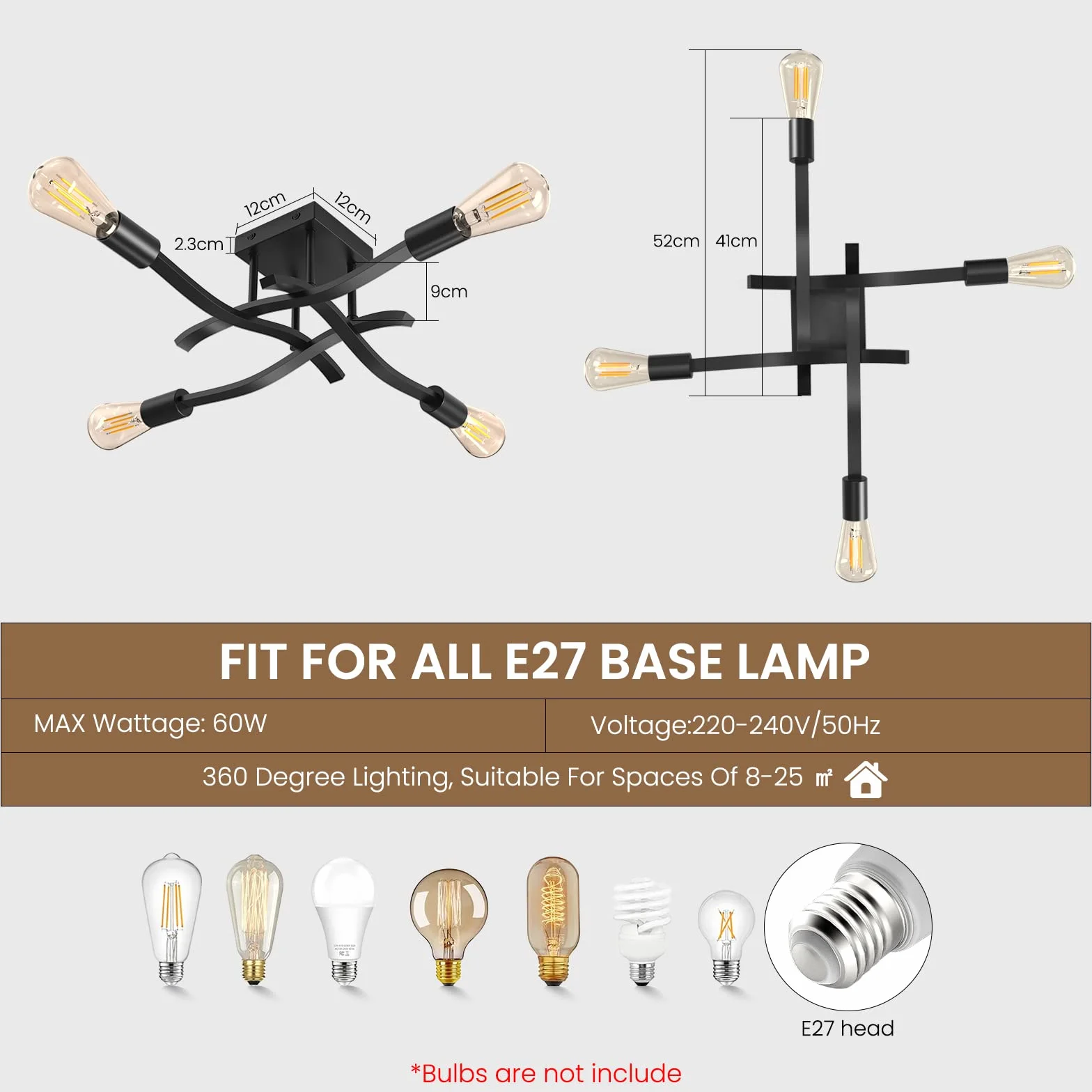Lámpara de Techo Industrial Vintage 4 Luces E27 Negro Araña Retro