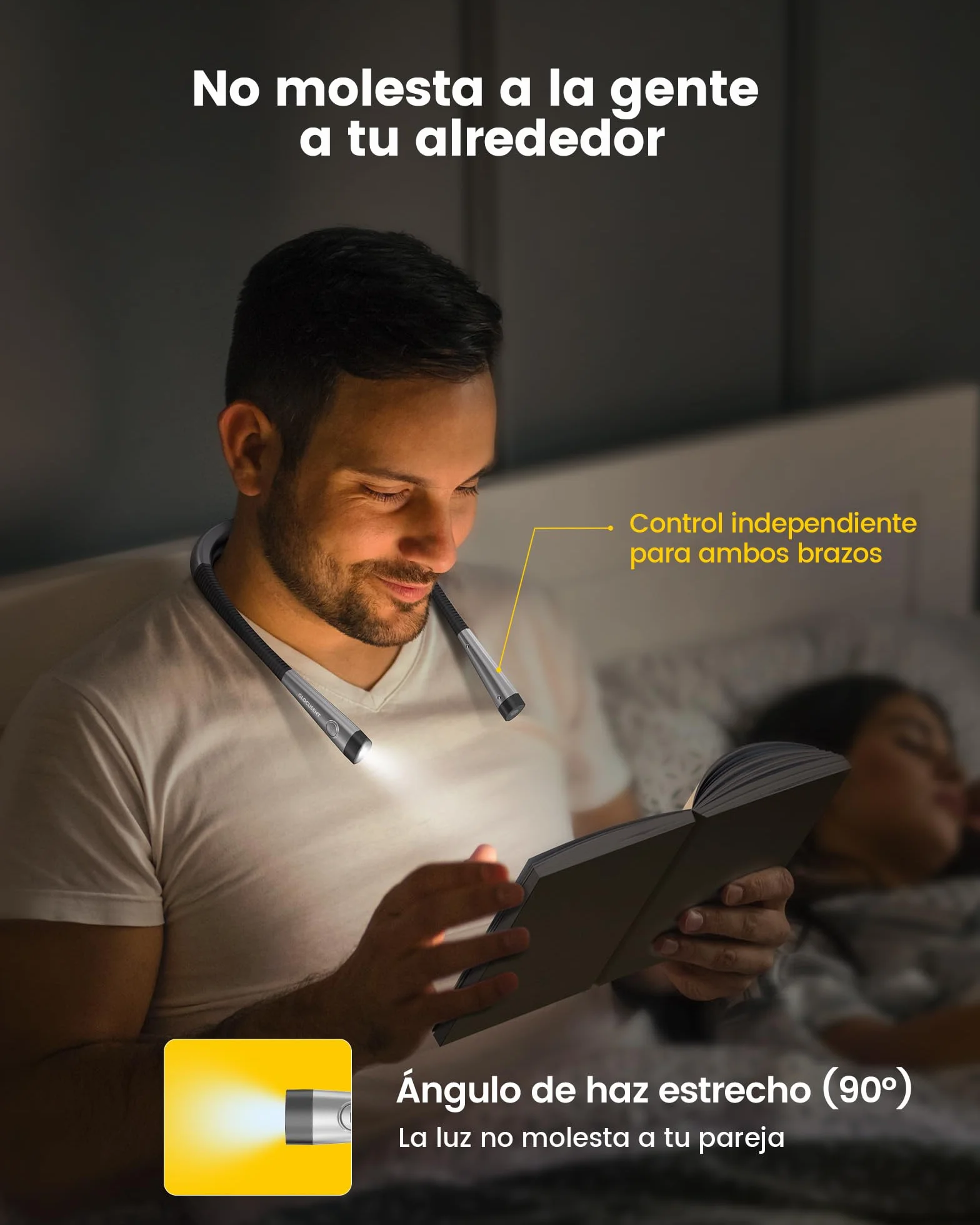 Glocusent Luz de Lectura Recargable, 3 Colores, 6 Niveles, Brazos Flexibles