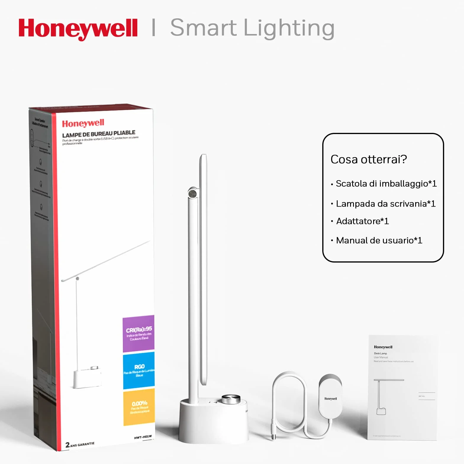 Honeywell lampara escritorio con puerto de carga USB - Escritorio LED flexo regulable para el cuidado de los ojos para la oficina en casa, lámpara de mesa pequeña portátil plegable trabajar, HWT-H01