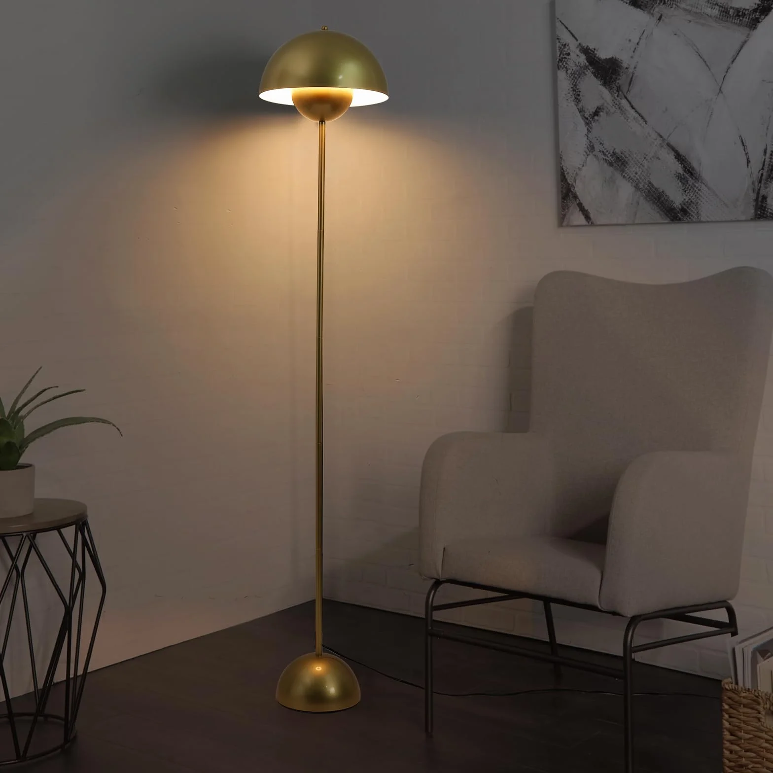 Alpinaluz Lámpara de Pie Dorada Aluminio Pantalla Forma Parabólica Abovedada E27 Estilo Clásico Moderno Nórdico para Salón Comedor