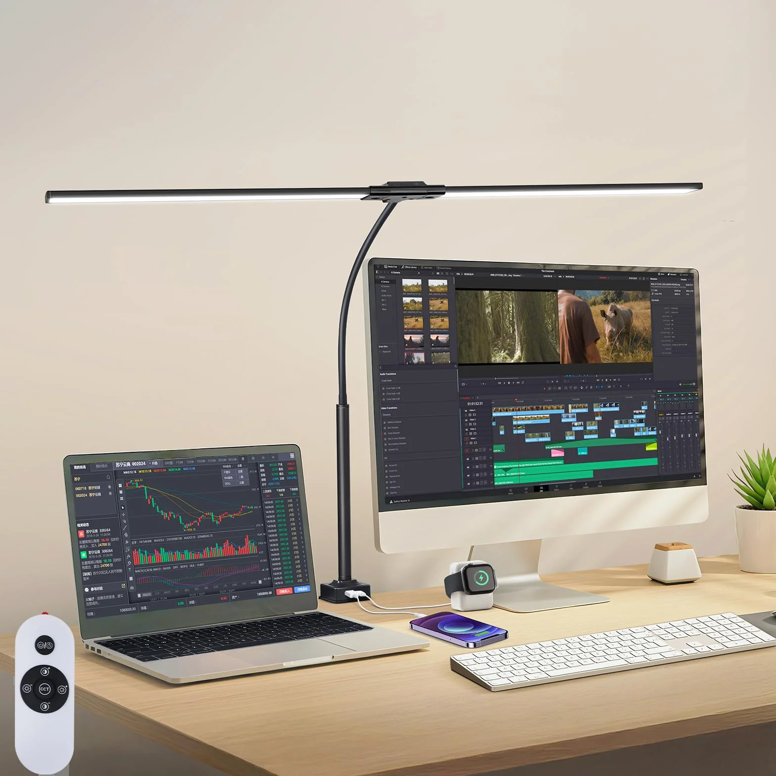 OUTON Lámpara de Escritorio LED 85,5 cm de Doble Cabezal – 1600LM, con USB-A y C - Recargable, Regulable sin Escalones, 5 Tonos de Color, Temporizador y Memoria, para Oficina y Pantalla (Negro)