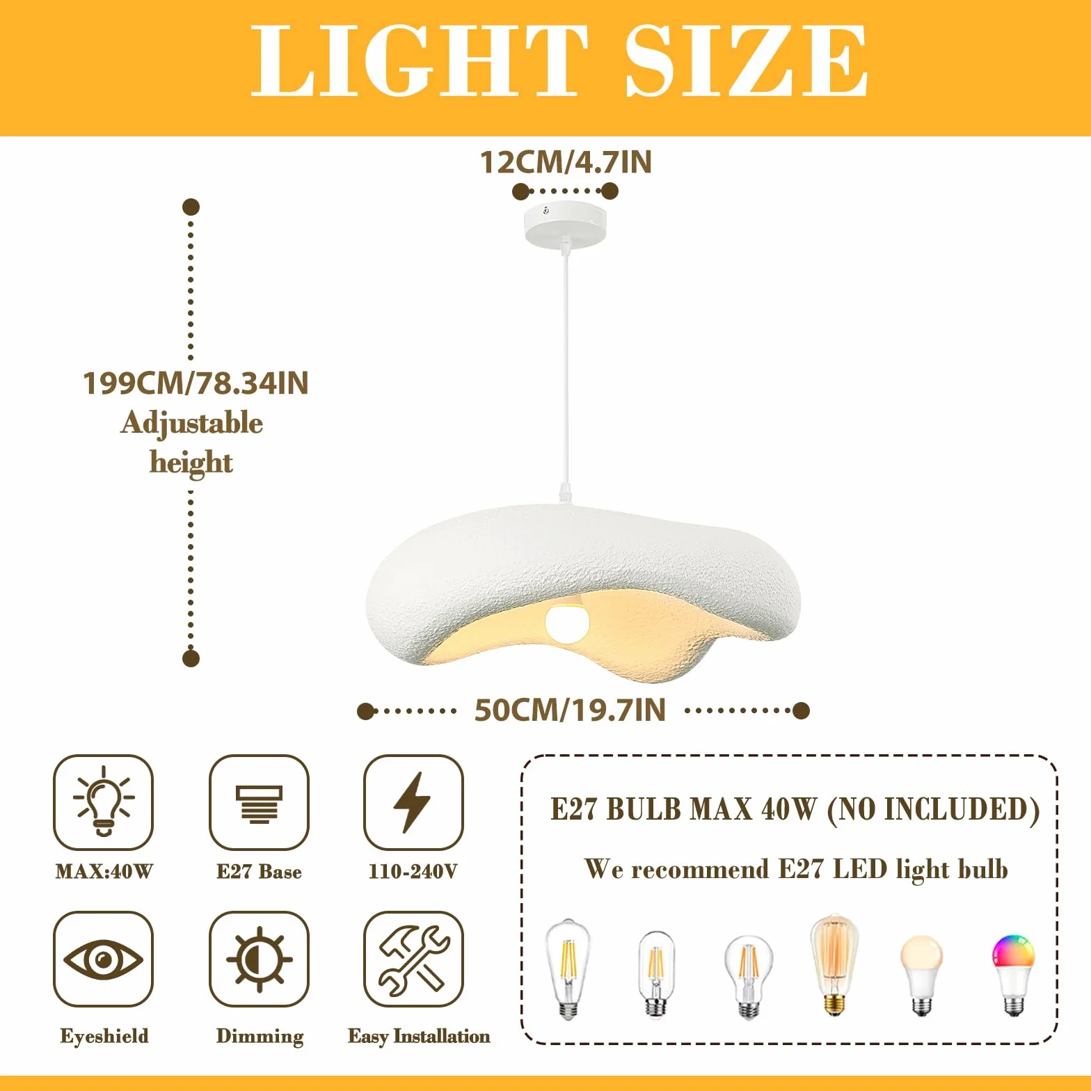 Wabi-Sabi Estilo Lámpara Techo Colgante Japonés Comedor Forma Irregular Nube Blanca Lámpara Araña Ajustable E27 50cm