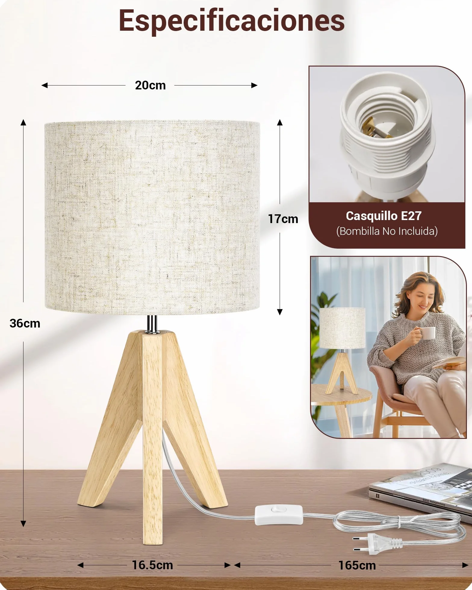 EDISHINE Lámparas de Noche de Madera 2 Unidades, Lámpara de Mesa Trípode E27, Pantalla de Lino Beige Vintage
