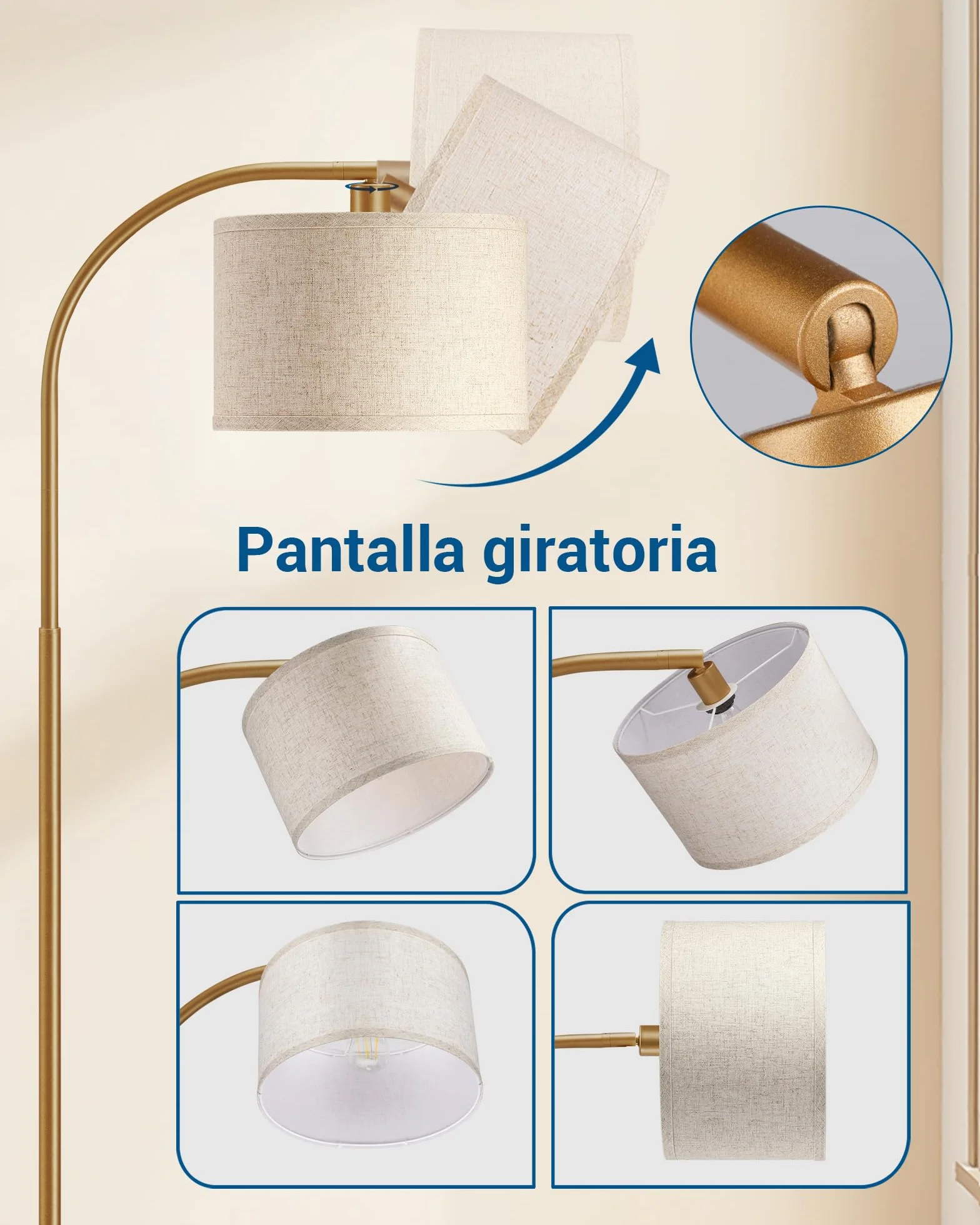 EDISHINE Lámpara de Pie Arco 161cm Pantalla de Lino Beige E27 con Bombilla LED Ajustable Dorado