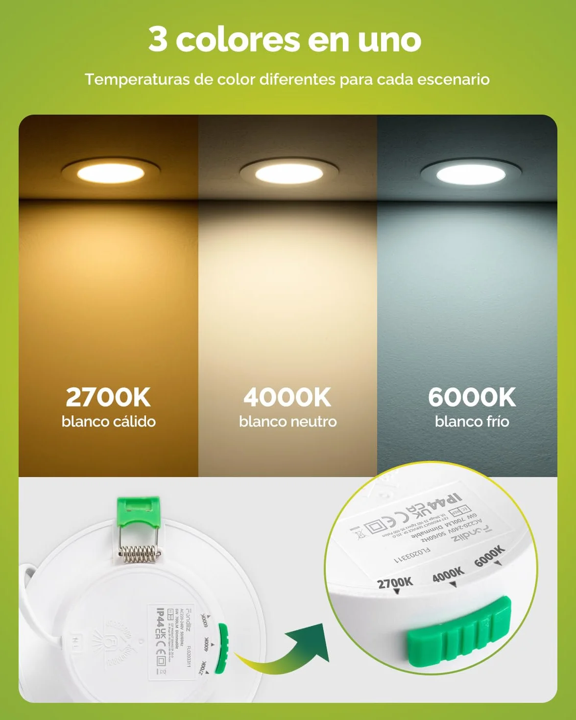 Fondiiz 12 Pack Downlight LED Techo Empotrable, 6W 220V IP44, Corte 75-90mm, Diámetro 98mm