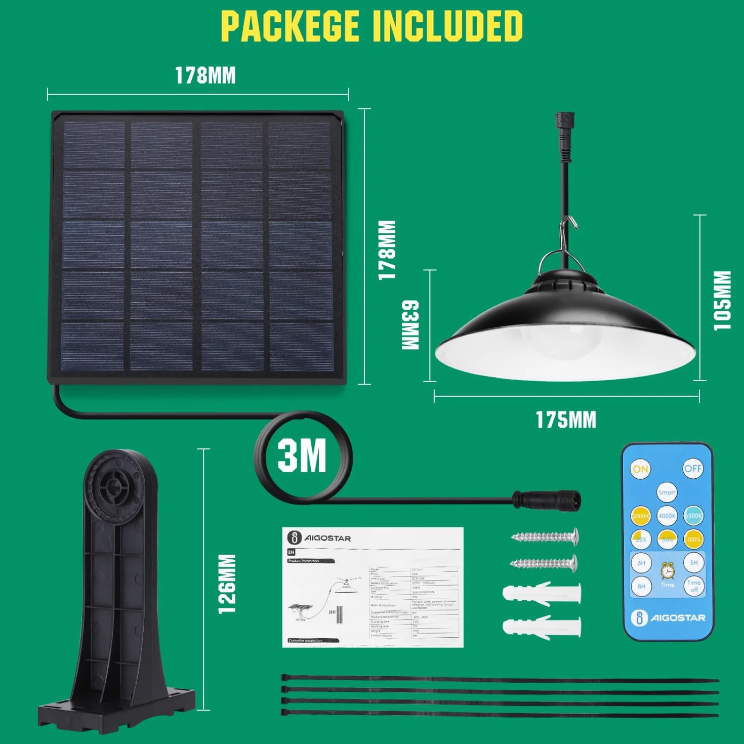 Aigostar - Luz solar exterior con mando a distancia,batería de gran capacidad y resistente al agua IP65, regulable, Lámpara de techo solar con cable de 3 m para jardín/interior/exterior