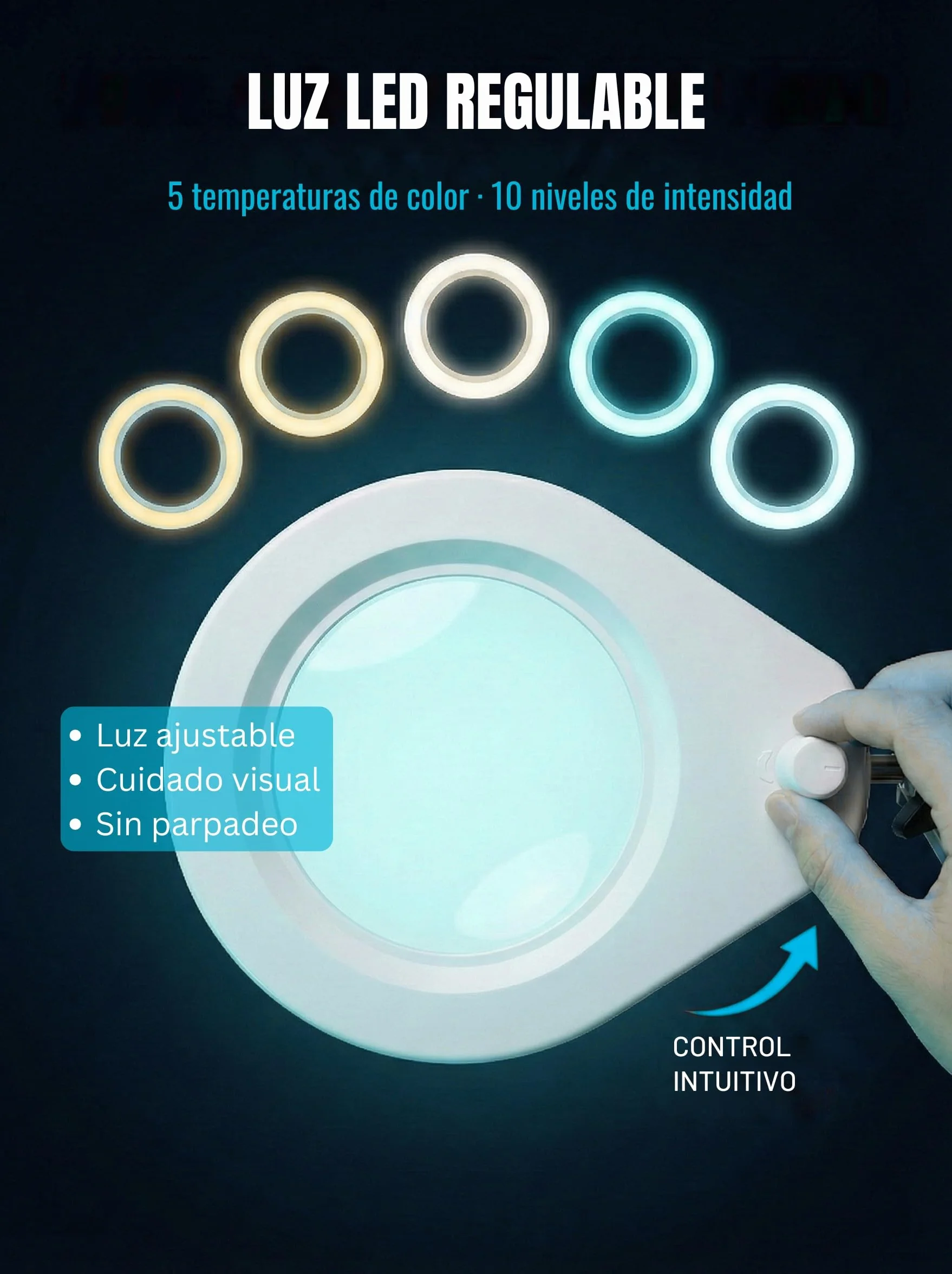 Lámpara de Aumento con Cristal de 5 dioptrías, Abrazadera de Acero de 6,4 cm, LED Regulables, Brazo Giratorio de 90 cm, diseño de Confort óptimo para esteticistas, Aficionados y Artesanos