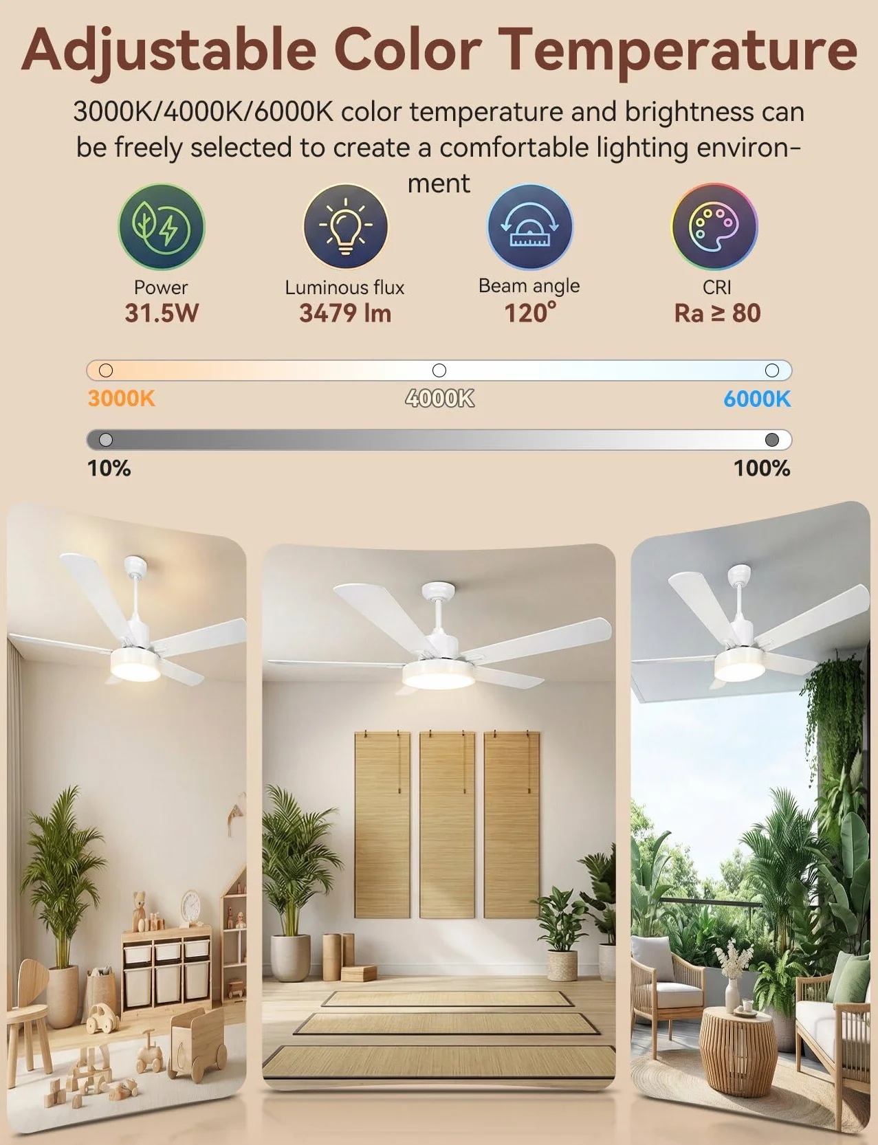 Aigostar Ventilador de Techo con Luz Silencioso 52″, Motor DC Reversible 29W, 31.5W LED, Mando a Distancia, 6 Velocidades, 3000K/4000K/6500K Regulable, Ideal para Dormitorio, Sala o Cocina