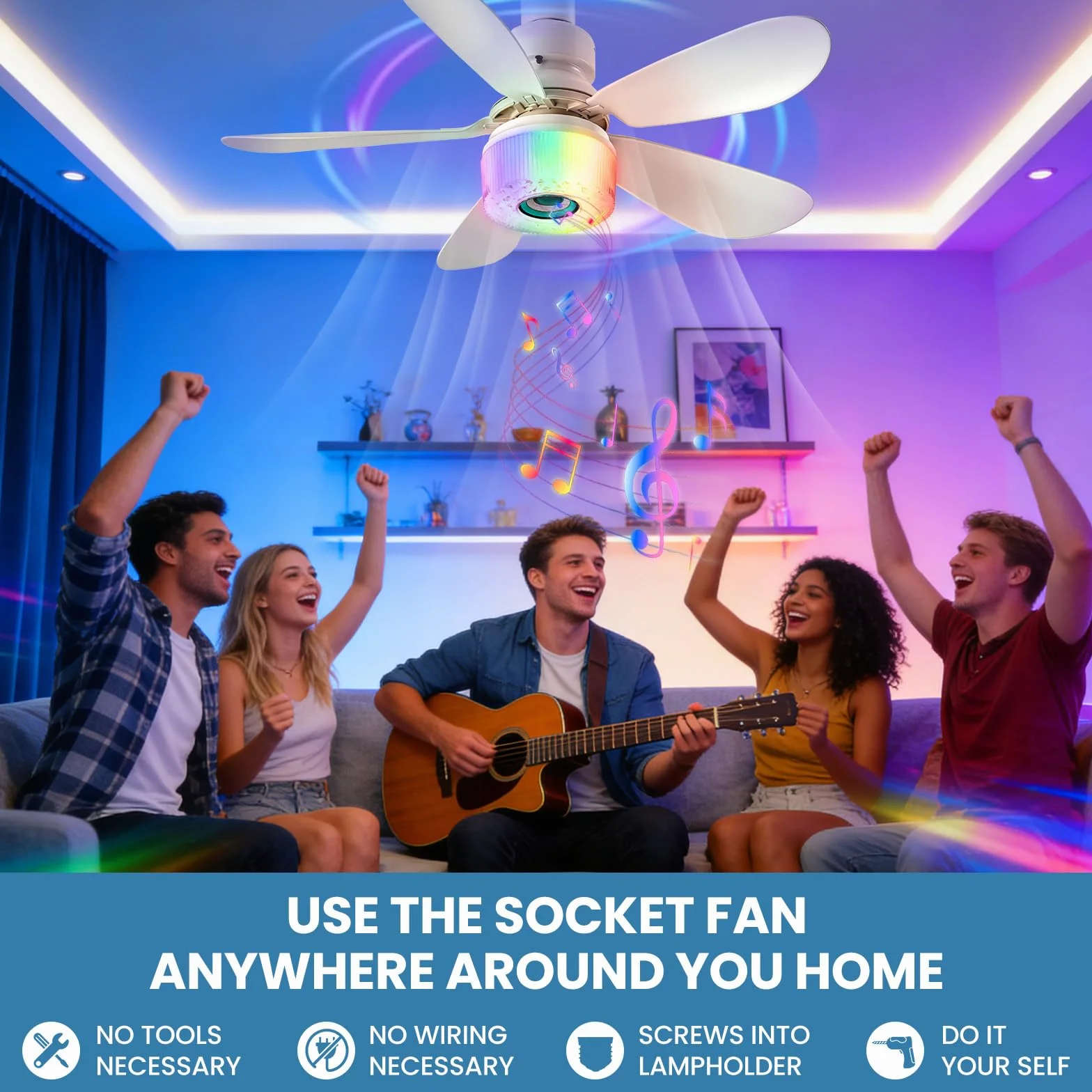 Ventilador de techo 52 cm 6 aspas RGB Altavoz Bluetooth Control Remoto 3 Velocidades Color Ajustable Verde