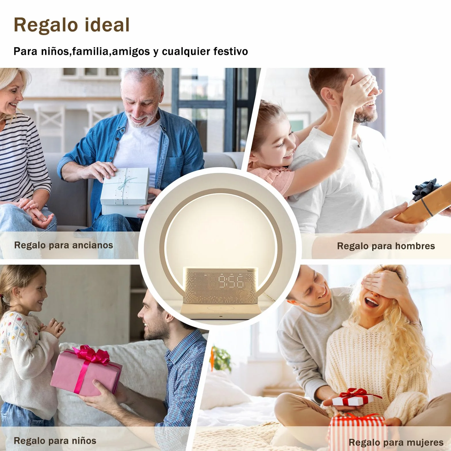blonbar Lámpara de mesilla de noche con despertador iluminado, luz para despertarse, cargador inalámbrico de 10 vatios,3 niveles de brillo atenuación táctil, música, ayuda para dormir en el dormitorio