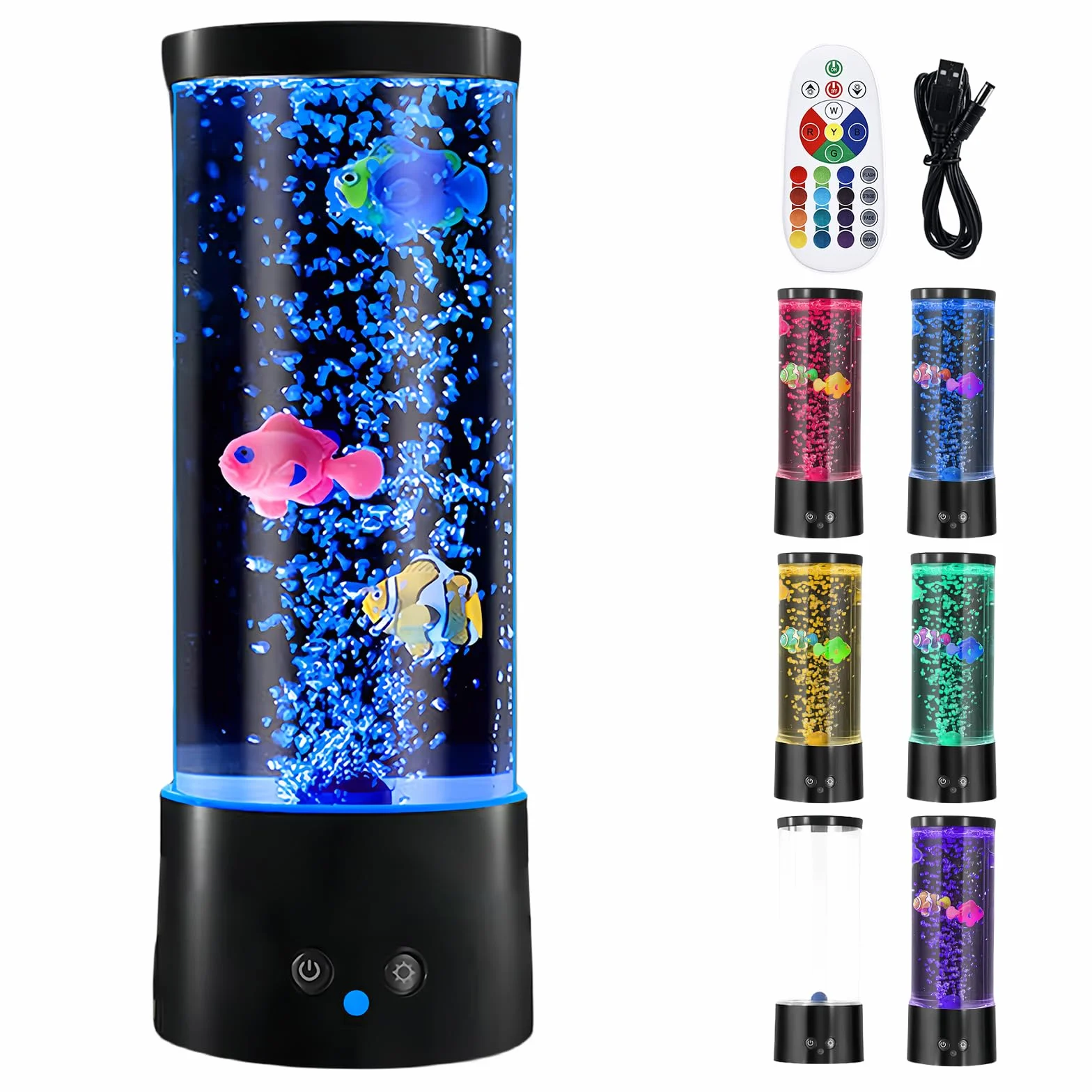 Lámpara de Lava Con Pez y Burbujas - 16 Colores y 4 Modos - Mando a Distancia - Ambiente Para Acuario - Cable USB