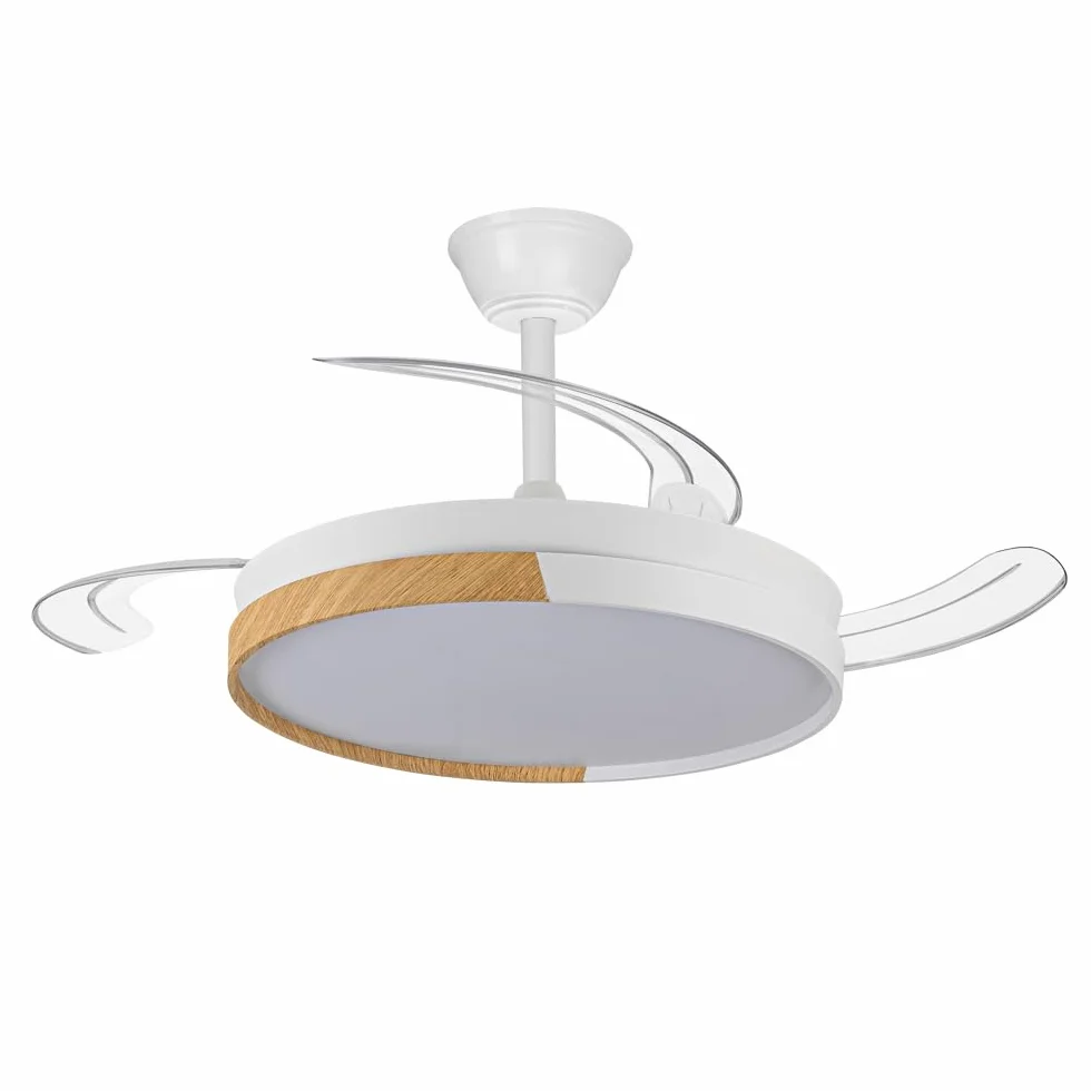 Ventilador de techo con aspas retráctiles Arpino Blanco+Madera LED 48W CCT 3000-6000K Regulable Silencioso
