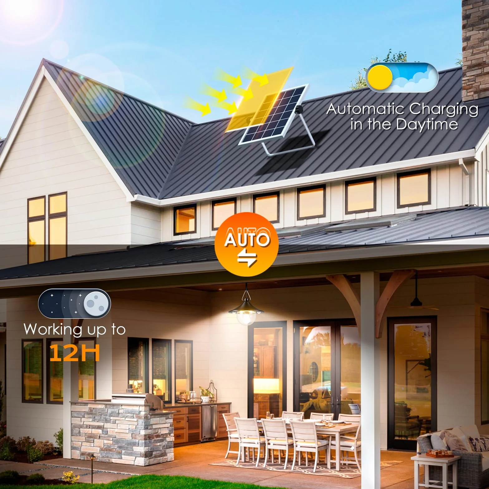Quntis Lámpara Solar Colgante Interior Exterior 1000LM con Mando a Distancia 2 Piezas, 3 Temperaturas de Color, Sensor de Movimiento, IP65 Impermeable, Luz Solar Techo para Jardín Garaje Terraza
