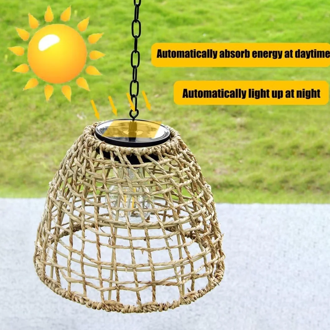 Lámpara Colgante Solar de Tejido de Pastos Marinos para Jardín y Exterior