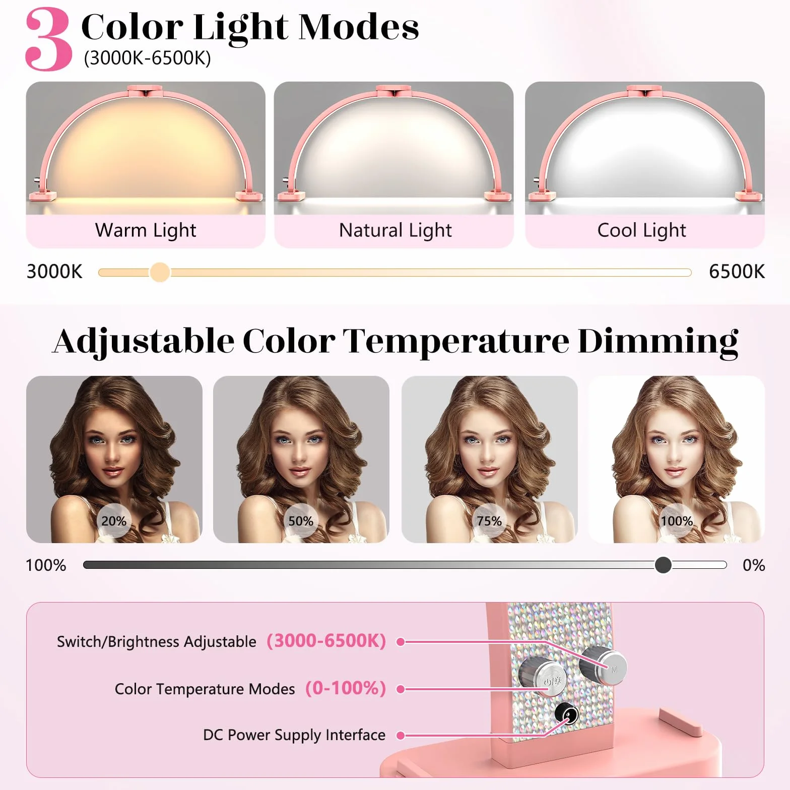 Media Luna Lámpara para Uñas 30" con Soporte 3 Modos Color 10 Niveles Brillo Ajustable Manicura Diamante Rosa