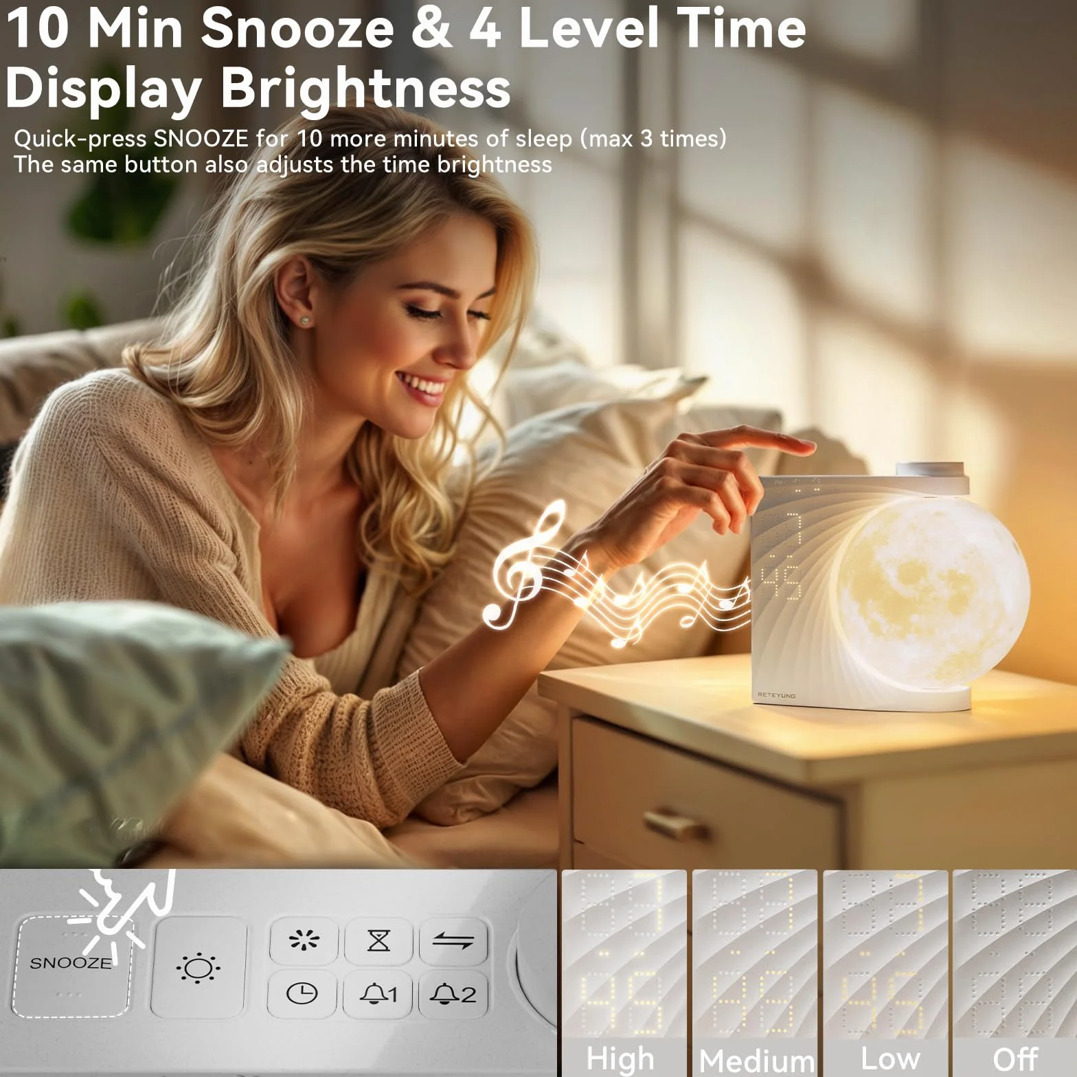 RETEYUNG Lámpara Luna Despertador Amanecer Luz Nocturna RGB 8 Colores 10 Sonidos Naturales Función Snooze 3 Niveles