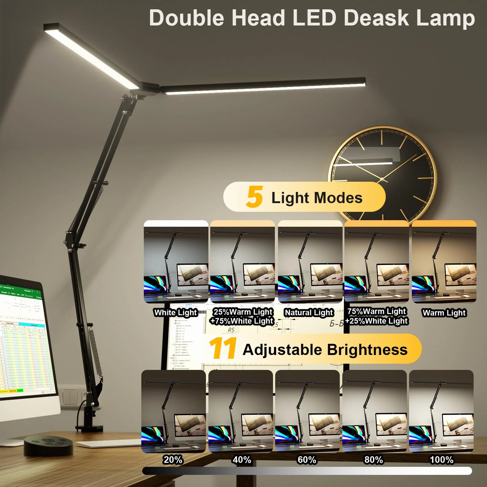 SKYLEO Lámpara LED Escritorio Doble Cabezal con Clip, 2400 LM, 24W, 5 Modos Temperatura Color, Control Remoto, Negro