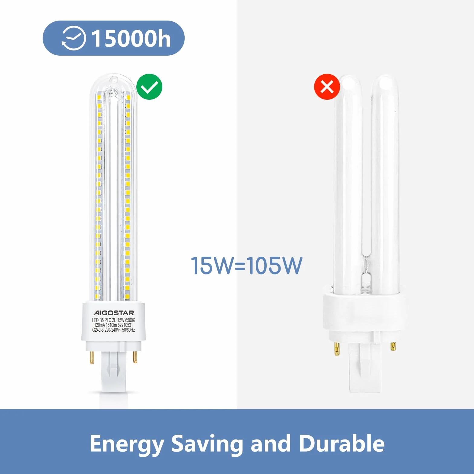 Aigostar Bombilla LED PLC 2U 15W G24d-3 6500K 1610Lm Pack 5
