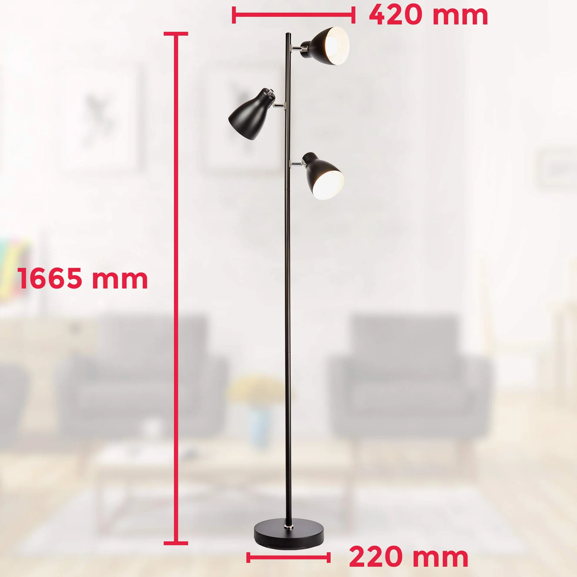B.K.Licht Lámpara de pie 3 luces Negro E27 máx. 25 W Altura 1665mm Metálica
