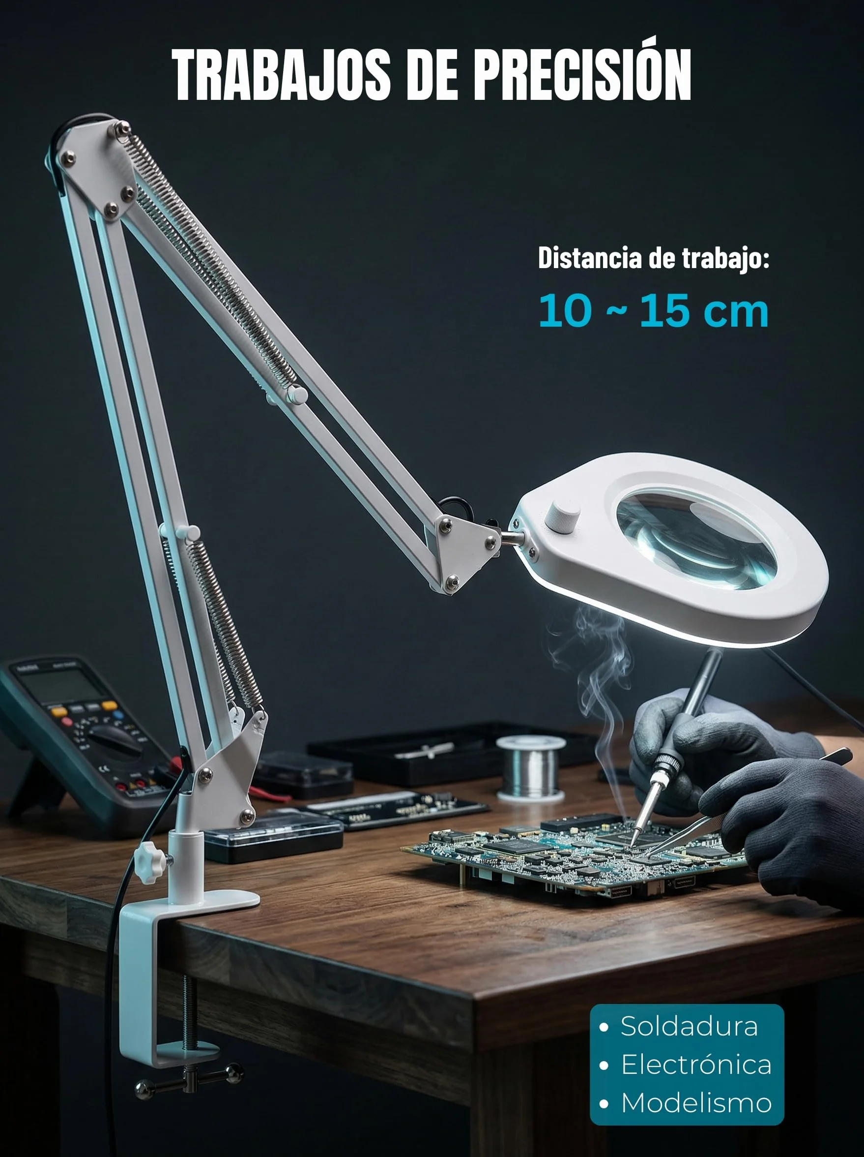 Lámpara de Aumento con Cristal de 5 dioptrías, Abrazadera de Acero de 6,4 cm, LED Regulables, Brazo Giratorio de 90 cm, diseño de Confort óptimo para esteticistas, Aficionados y Artesanos