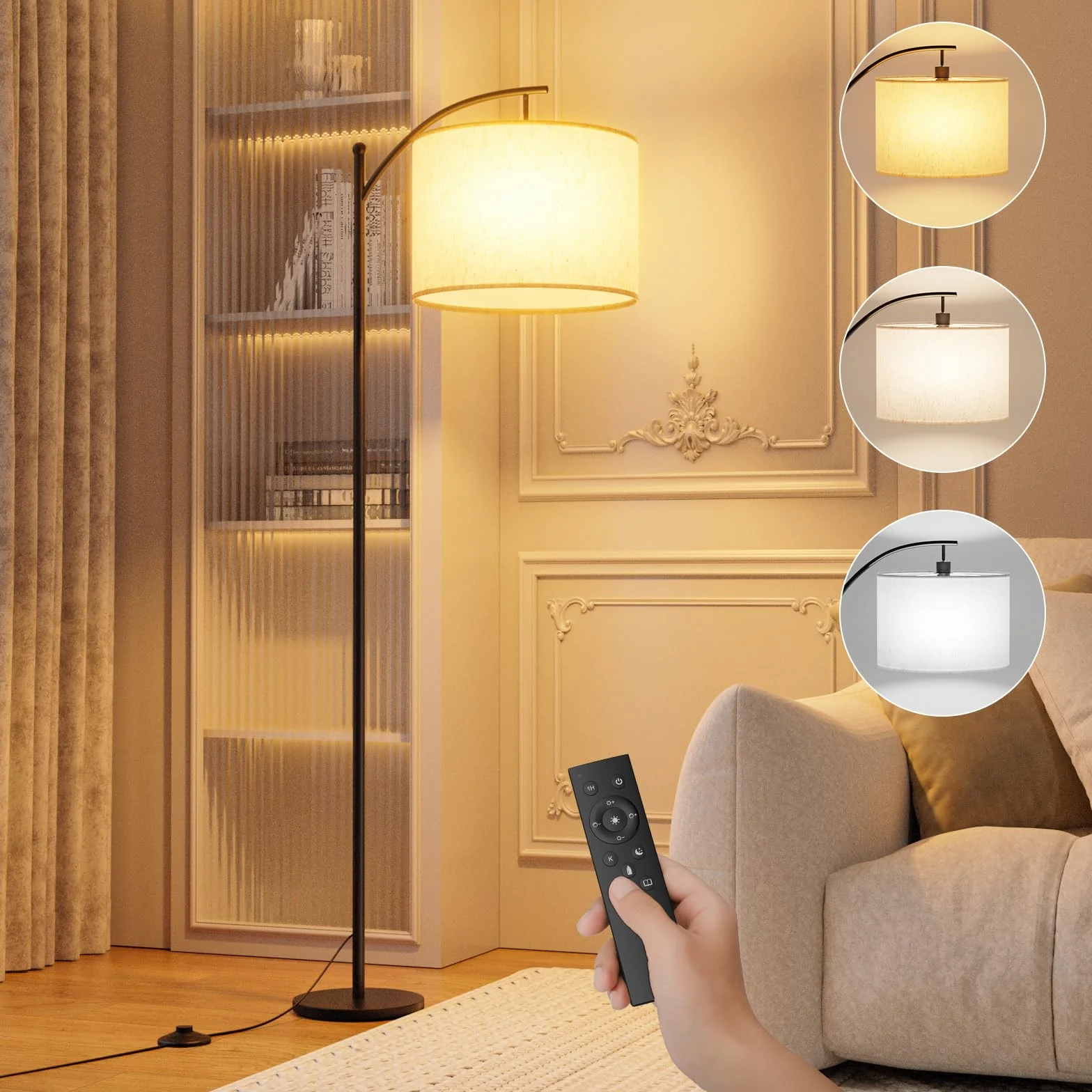 Lampara de Pie con Control Remoto, Pantalla de Lino, Atenuación Continua, Bombilla LED E27 6W