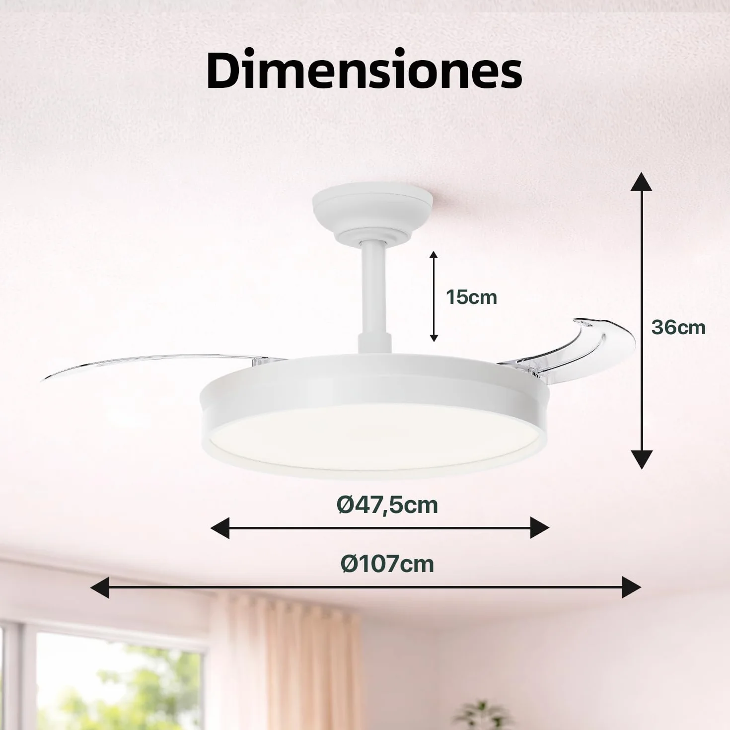 LEDUNI Ventilador de techo Blanco 72W 7590lm Aspas retráctiles Motor DC 30W Luz LED 42W Regulable Mando a distancia