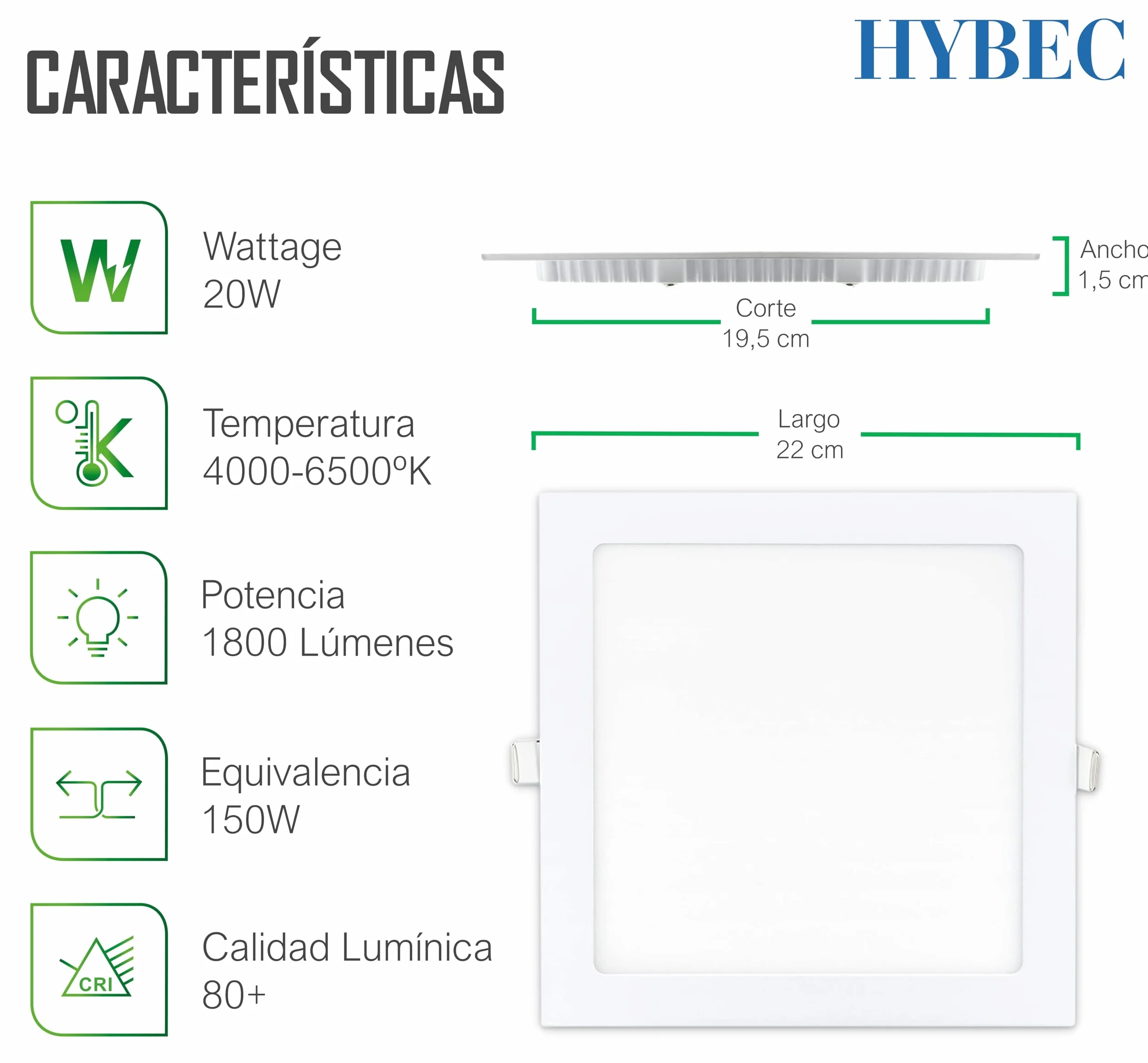 CLAR Downlight LED Techo Cuadrado 20W 4000K Luz Neutra Pack 10
