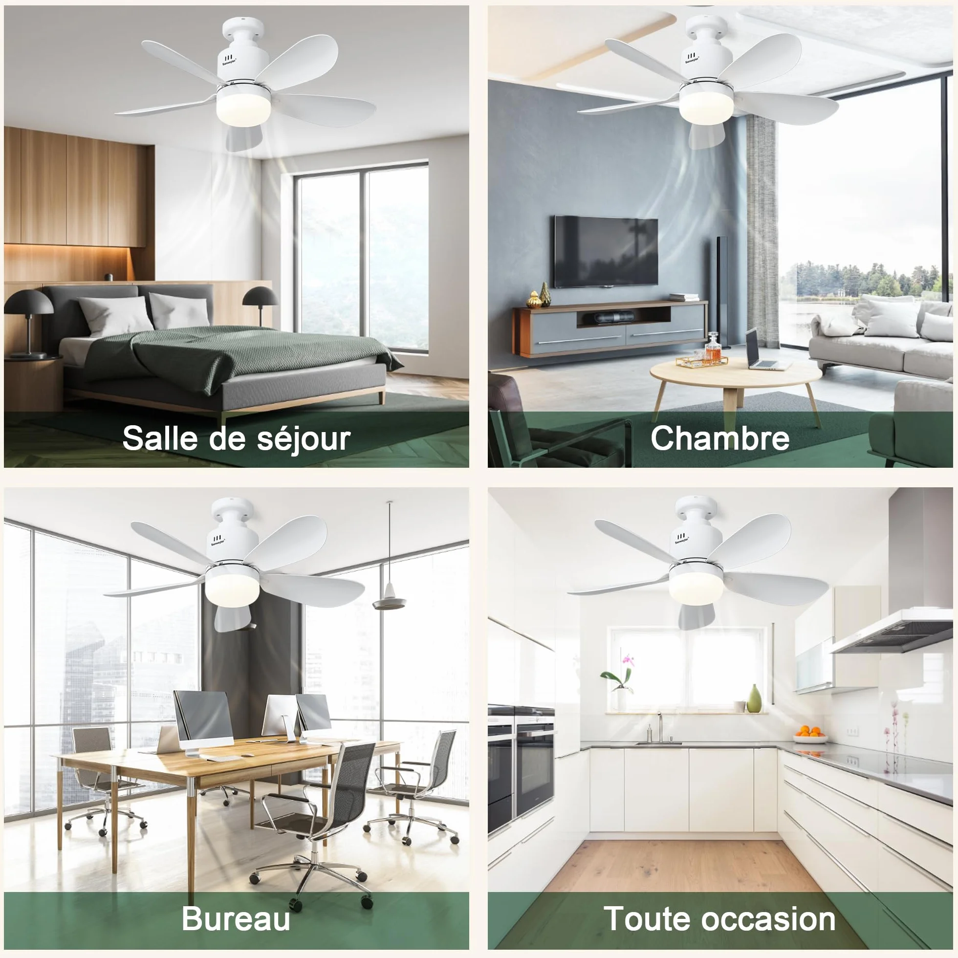 Ventilador de Techo con LED, Mando a Distancia 24W 53cm 3 Tonos Luz 4 Velocidades