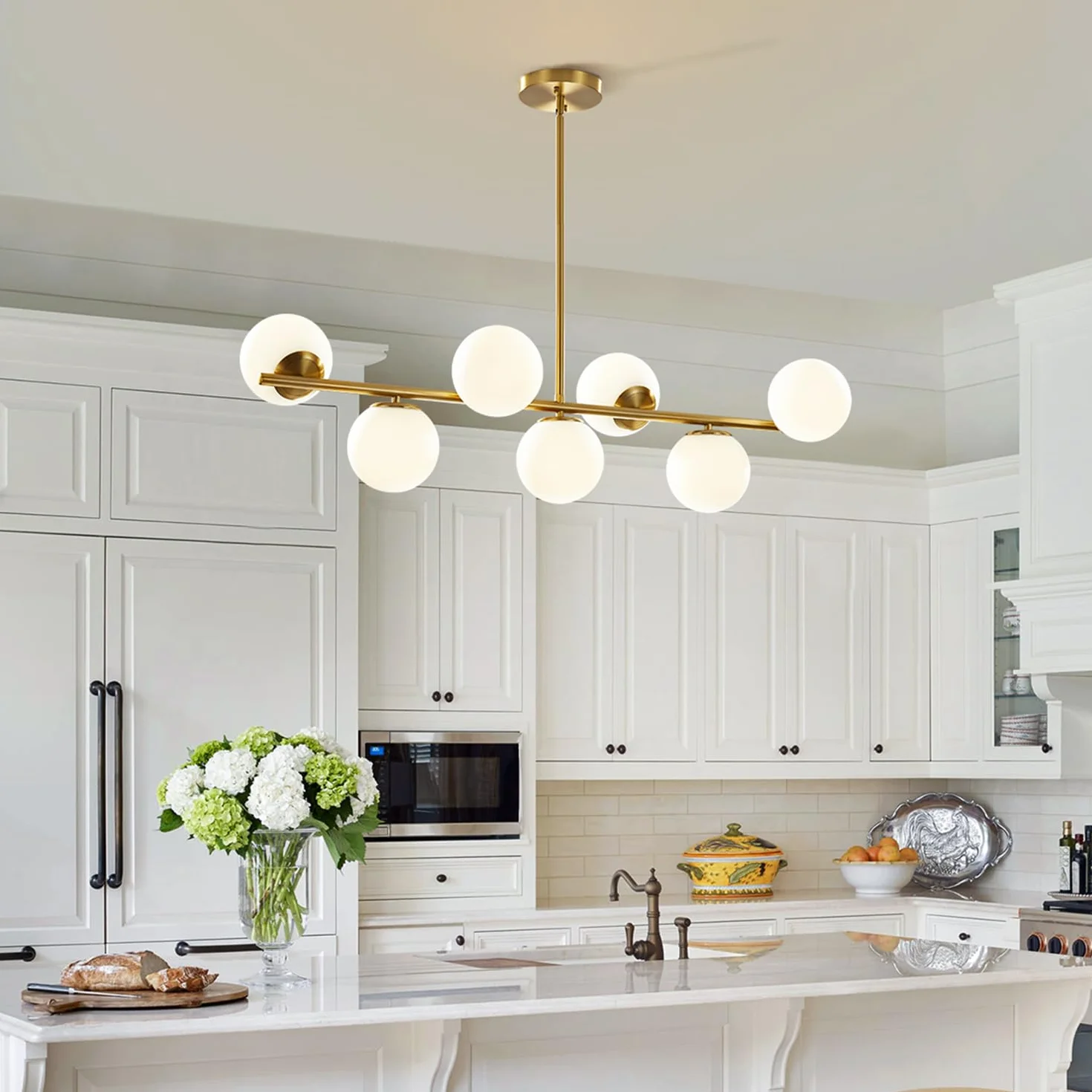 KCO Lighting Lámpara Colgante de Comedor Moderna de Metal Dorado, 7 Luces E27, Altura Ajustable 80 cm