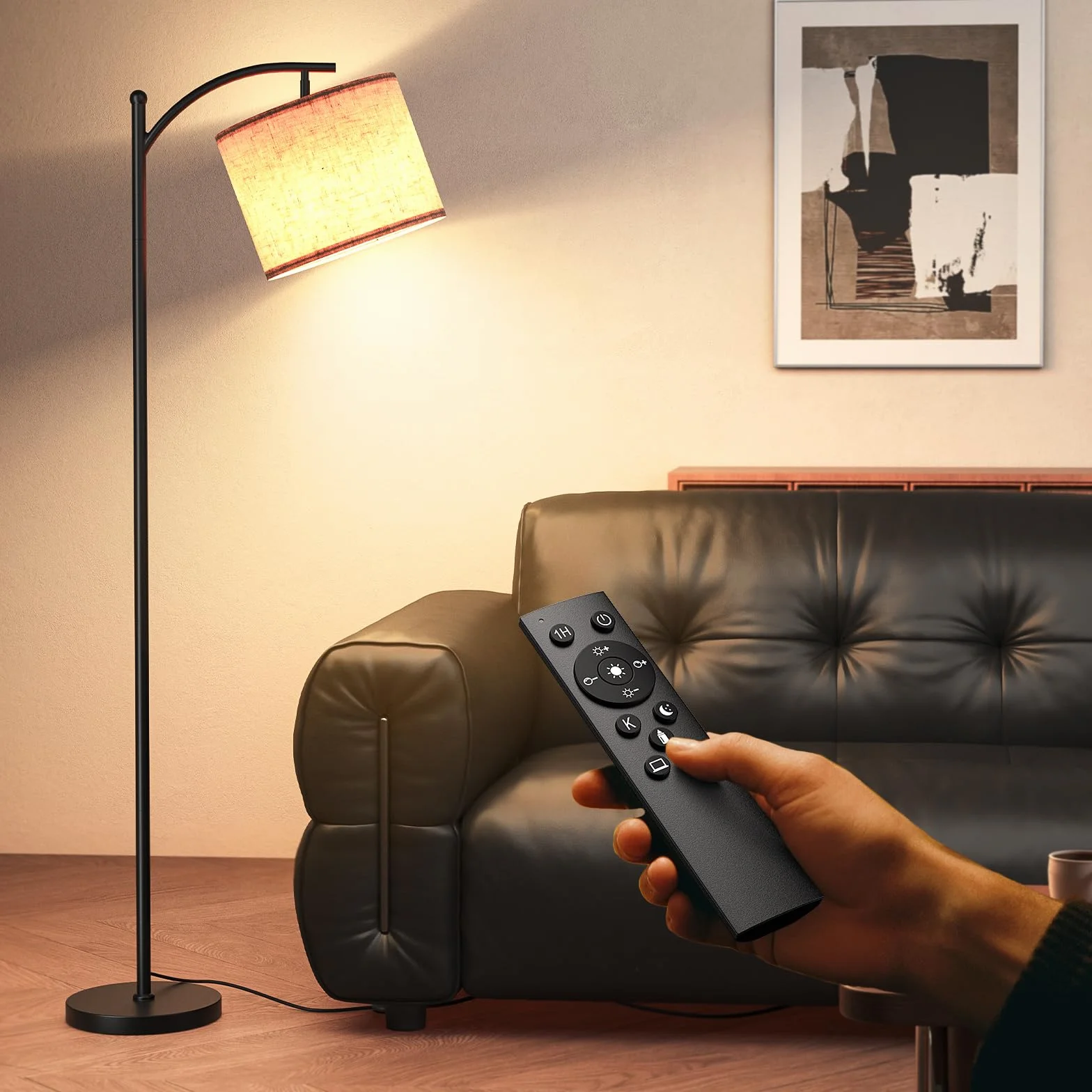 Lámpara de Pie LED Regulable 160cm con Pantalla de Lino, 3 Temperaturas de Color y Control Remoto
